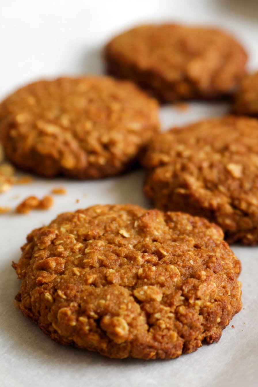 Healthy Gingerbread Oatmeal Cookies, Gingerbread oatmeal cookies, healthy cookie recipes, gingerbread spice treats, wholesome holiday snacks - A stack of five textured brown oat cookies with visible oats throughout, placed in the center of a silver baking tray on a white marbled surface, with one more cookie lying flat to the left in the background and soft natural light casting gentle shadows that highlight the cookies' rough surface and thickness photo taken with an iphone --ar 2:3 --v 7