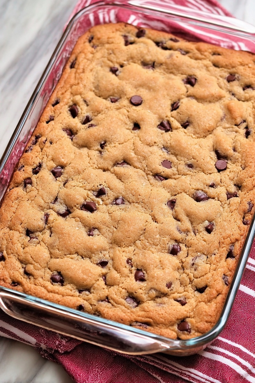 Better Than Anything Chocolate Caramel Bars, chocolate caramel dessert bars, gooey caramel chocolate bars, easy caramel brownie bars, decadent chocolate caramel treat - A glass rectangular baking dish filled with one thick layer of golden brown, slightly uneven baked cookie dough, dotted with small dark chocolate chips. The cookie surface shows a soft, bubbly texture with some parts more raised and others flat, creating an inviting mix of crispy and soft areas. The dish sits on a white marbled surface with a red and white striped cloth peeking from underneath one side. Photo taken with an iphone --ar 2:3 --v 7