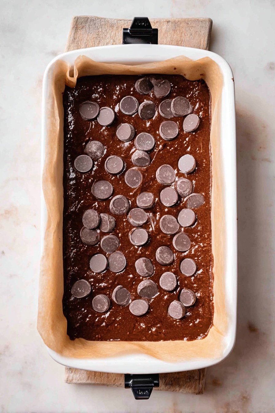 Chocolate Espresso Banana Bread, chocolate banana bread with espresso, moist banana bread with chocolate and espresso, easy chocolate banana loaf, decadent banana bread recipes - The image shows a white rectangular baking dish lined with parchment paper, filled with thick dark brown chocolate batter. On top of the batter, there are many round, flat, shiny chocolate chips scattered unevenly. The parchment paper extends up on the longer sides, held in place with black clips. The dish is placed on a white marbled surface that contrasts with the rich color of the batter. The texture of the batter looks smooth and glossy, with small air bubbles visible. photo taken with an iphone --ar 2:3 --v 7