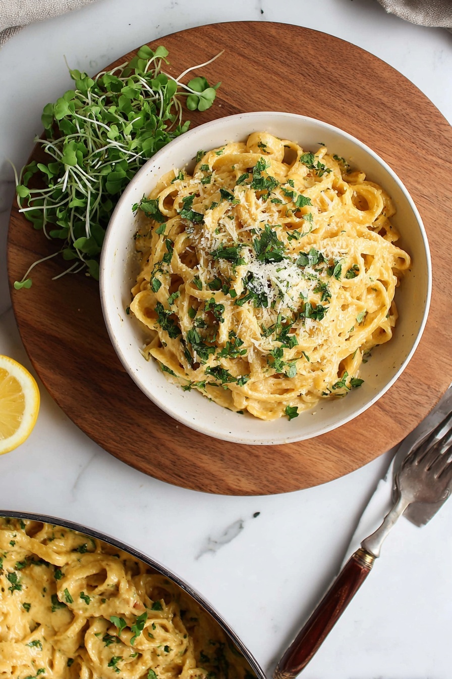 Cajun Alfredo Sauce, Cajun Alfredo Pasta, Spicy Alfredo Sauce, Creamy Cajun Pasta, Easy Cajun Alfredo - A close-up of a white bowl filled with creamy orange-yellow pasta made of flat, wide noodles layered thickly and coated evenly with a smooth sauce. On top, there is a sprinkle of white grated cheese and small pieces of chopped green herbs scattered over the pasta. The texture looks soft and rich, and the bowl is set on a white marbled surface. photo taken with an iphone --ar 2:3 --v 7