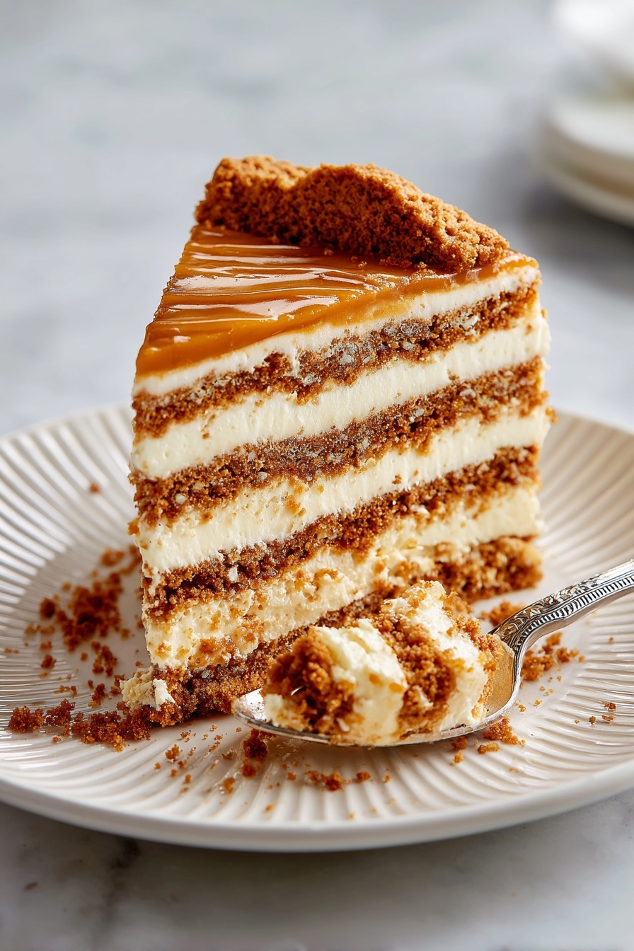 No-Bake Cookie Butter Icebox Cake, Easy Cookie Butter Dessert, No-Bake Layered Cake, Cookie Butter Recipes, No-Oven Sweet Treats - A slice of layered dessert with eight alternating layers of light cream and crumbly brown cookies sits on a white plate with a ridged pattern. The top layer has a smooth caramel-colored spread with a broken cookie piece on the side. Crumbs are scattered around the slice and plate. A detailed silver spoon rests on the plate, holding a bite of the dessert with layers visible. The plate is set on a white marbled surface. photo taken with an iphone --ar 2:3 --v 7