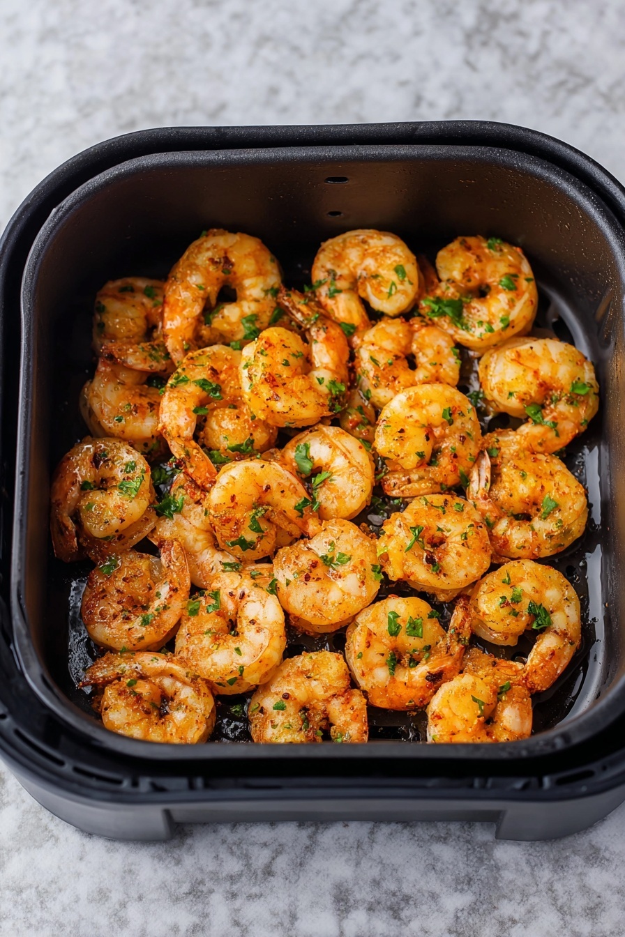 Air Fryer Old Bay Shrimp, Old Bay Shrimp, Air Fryer Shrimp Recipe, Easy Shrimp Recipes, Healthy Seafood Snacks - A square black air fryer basket filled with roughly 30 cooked shrimp, arranged in an even layer with some overlapping. The shrimp are orange with light browning and sprinkled with small green parsley bits, giving a fresh contrast. The shrimp have a textured, slightly shiny surface from cooking oil and spices, with visible grill marks on a few pieces. The background is a white marbled surface. Photo taken with an iphone --ar 2:3 --v 7