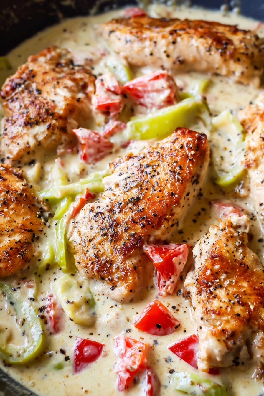 Creamy Pepperoncini Chicken Skillet, spicy chicken skillet recipe, easy creamy chicken dinner, quick weeknight chicken recipe, zesty chicken skillet - The image shows several pieces of browned chicken in a creamy white sauce, layered with slices of pale green peppers and small bright red tomato pieces. The chicken appears seasoned with black pepper, and the sauce is thick, coating the chicken and vegetables. The dish is presented close-up in a pan with a dark surface, and the sauce creates a smooth texture around the ingredients. The pieces of chicken are spread across the pan with the peppers and tomatoes scattered on and around them, adding color contrast. photo taken with an iphone --ar 2:3 --v 7