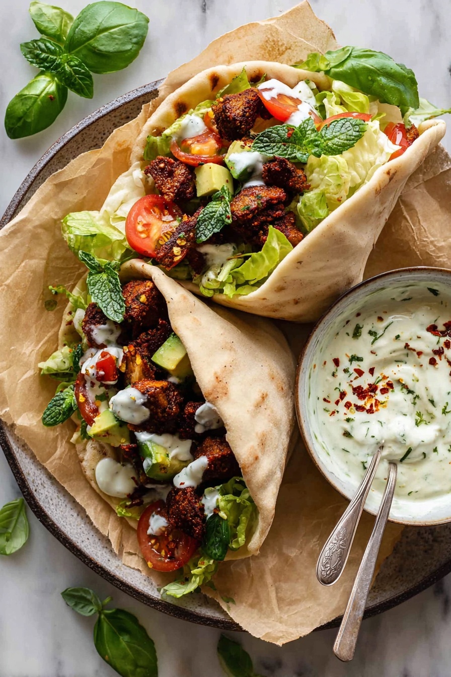 Rosemary Chicken and Avocado Pitas, flavorful pita recipes, easy chicken pita ideas, healthy lunch pitas, quick weeknight dinner - Two pita pockets filled with three main visible layers: a bottom layer of soft, light beige pita bread in an open position, a middle layer of leafy green lettuce and diced bright red tomatoes and avocado, and a top layer of dark brown, well-cooked spiced pieces with a drizzle of white sauce. The pitas rest on a wrinkled sheet of light brown parchment paper placed on a round white plate. Next to the pitas, there is a small white bowl filled with creamy white sauce, garnished with green herbs and red chili flakes, with a silver spoon resting beside it. The whole setup is arranged on a white marbled surface with a few scattered fresh basil leaves and herbs around. Photo taken with an iphone --ar 2:3 --v 7