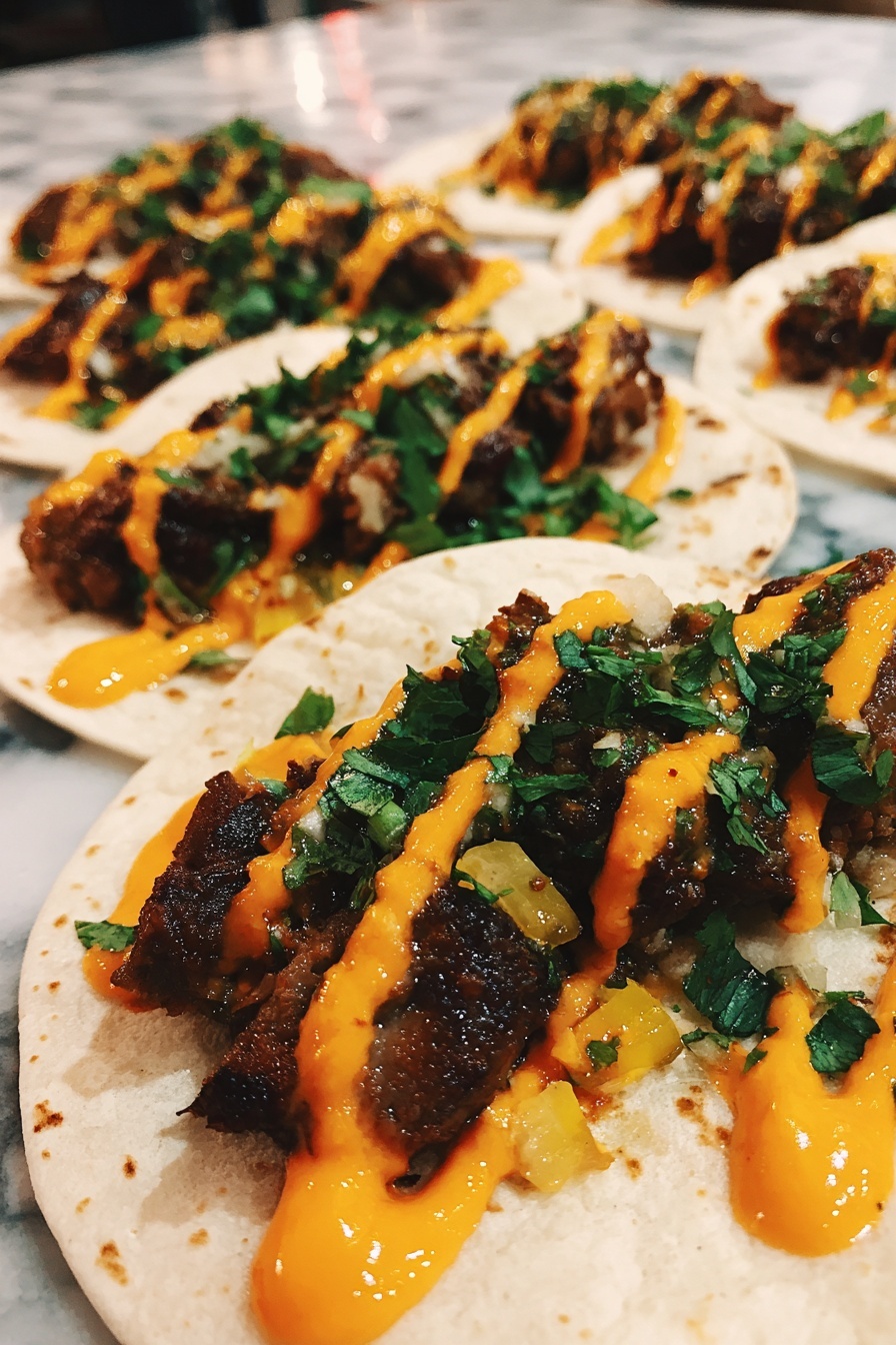 Garlic Honey BBQ Tacos, BBQ tacos recipe, easy taco recipes, sweet smoky tacos, quick dinner ideas - A close-up of soft white tortillas each topped with a layer of dark brown cooked meat mixed with small yellow pieces, drizzled generously with an orange creamy sauce, and sprinkled with fresh green chopped herbs, all arranged in a row on a white marbled surface. photo taken with an iphone --ar 2:3 --v 7