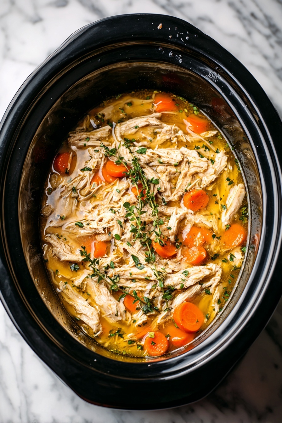 Slow Cooker Chicken Pot Roast, chicken pot roast, slow cooker dinner, easy comfort food, hearty chicken recipe - Inside a black slow cooker, there is a mix of shredded light brown chicken pieces and small round orange carrot slices, all sitting in a shiny golden broth. The food is sprinkled with small bright green herb leaves, adding a fresh touch. The black sides of the slow cooker curve around the food, with some bits sticking near the top edge. The cooker is placed on a white marbled surface. photo taken with an iphone --ar 2:3 --v 7