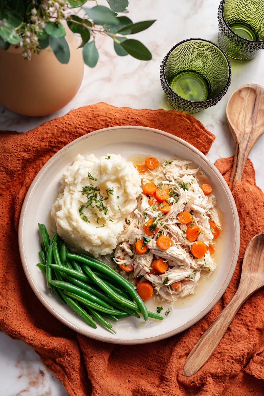 Slow Cooker Chicken Pot Roast, chicken pot roast, slow cooker dinner, easy comfort food, hearty chicken recipe - A black ladle is lifting a spoonful of thick stew from a dark pot. The stew has shredded light brown meat mixed with soft, bright orange carrot slices and small bits of fresh green herbs on top. The stew is coated in a glossy, creamy sauce that makes the meat and carrots look tender and well cooked. The background shows more stew in the pot, with similar colors and chunky texture, all set against a white marbled surface. photo taken with an iphone --ar 2:3 --v 7