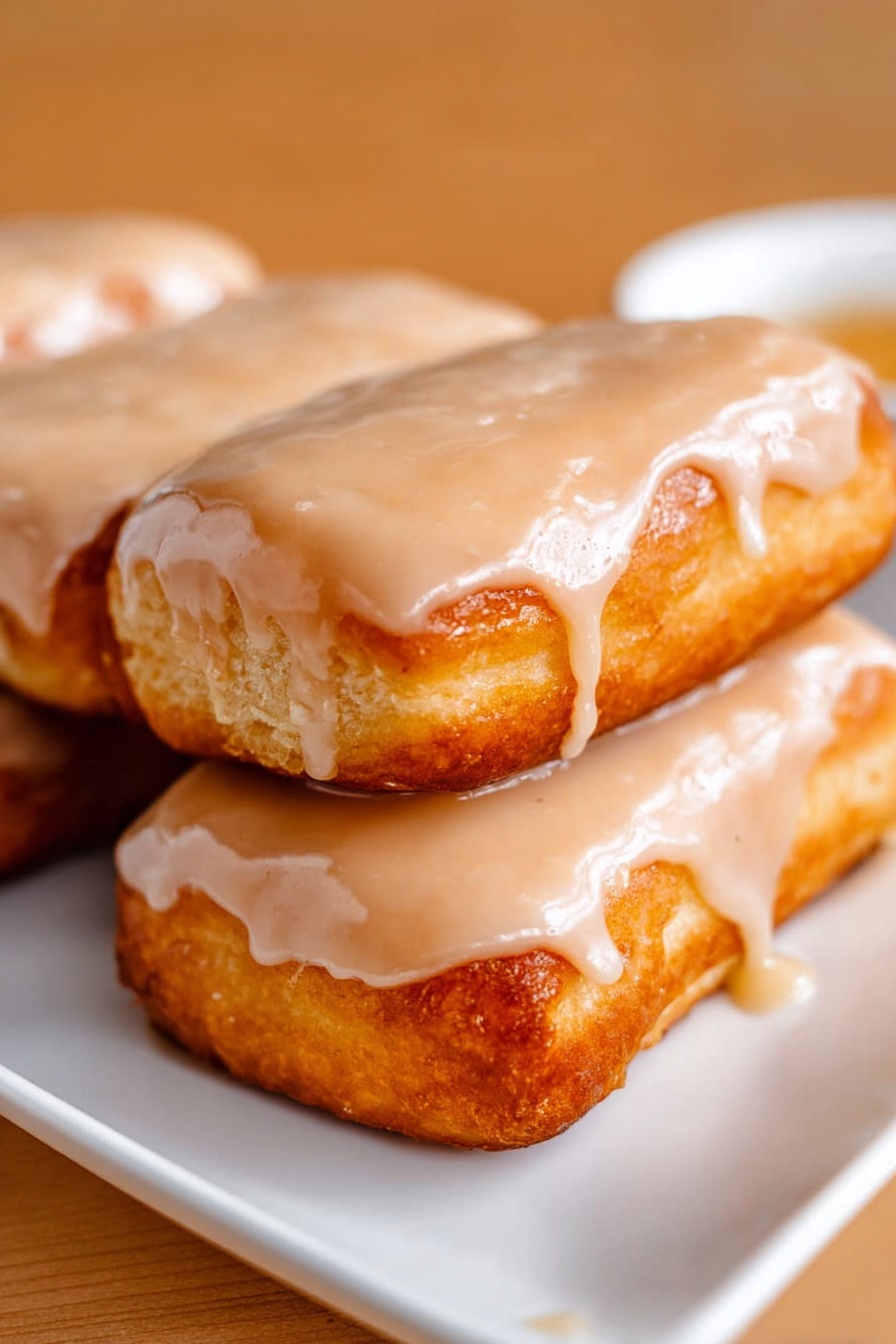 Maple Glazed Donut, homemade donut recipe, easy donut recipe, maple icing donuts, tender donut recipe - The image shows a close-up of square donut-like pastries lined up on crumpled brown paper. Each pastry has two layers: the bottom layer is a golden-brown, fried dough with a slightly shiny and crispy texture, while the top layer is a smooth, light beige glaze covering the whole surface evenly. The background is softly blurred, focusing all attention on the shiny glaze and golden dough. The surface under the brown paper is a white marbled texture. photo taken with an iphone --ar 2:3 --v 7