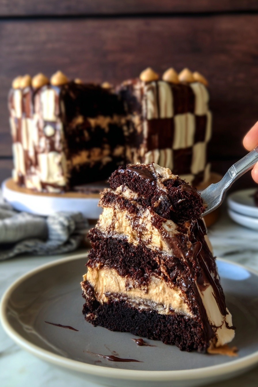 Decadent Salted Caramel Chocolate Fudge Cake, salted caramel chocolate cake, chocolate fudge cake with salted caramel, indulgent chocolate cake recipe, salted caramel dessert recipes - A close-up of a dark chocolate layer cake with four thick layers, each separated by creamy light brown frosting with a smooth texture. The cake slice on a white plate shows the soft, moist texture of the chocolate cake and the creamy, fluffy filling inside. The whole cake in the background is decorated with evenly spaced dollops of the same light brown frosting on the top edge of each layer, with chocolate sauce dripping down the sides. A silver fork rests on the plate beside the cake slice. The scene is set on a white marbled surface with two white bowls behind the cake, each holding sauces that have dripped slightly on their sides. Photo taken with an iphone --ar 2:3 --v 7