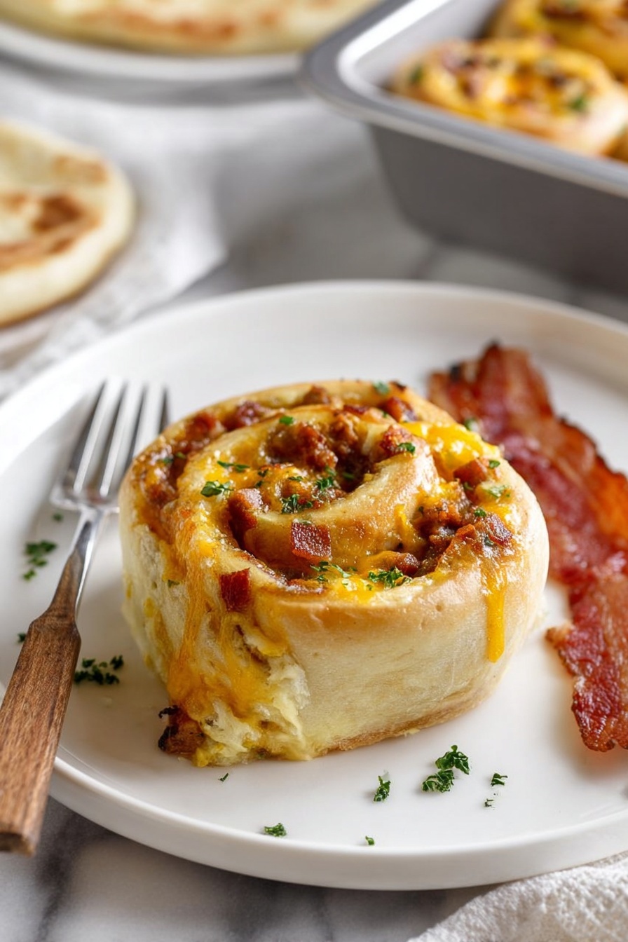 Breakfast Sausage Crescent Rolls, breakfast crescent roll recipes, savory breakfast pinwheels, sausage and cheese breakfast rolls, easy breakfast appetizer - A golden brown roll sits in the center of a white plate, showing a spiral shape made of soft dough with layers of melted yellow and orange cheese, bits of browned meat, and small pieces of green herbs scattered on top and around it. The roll's texture looks fluffy and slightly crispy on the outside, with the inside layers visibly thicker and filled. Next to the plate is a fork with a wooden handle, and a strip of cooked bacon lies nearby on a white marbled surface. In the background, a silver baking pan and a piece of flatbread can be seen slightly out of focus. Photo taken with an iphone --ar 2:3 --v 7
