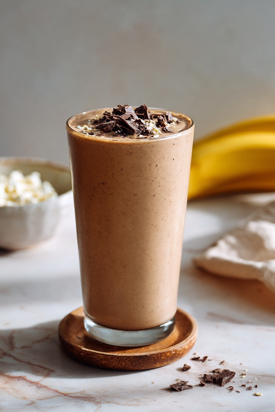 Chocolate Peanut Butter Protein Smoothie, healthy breakfast smoothies, high-protein smoothie recipes, no protein powder smoothies, energizing morning drinks - A smooth, thick brown smoothie fills a clear glass, topped with small dark brown chunks scattered evenly on the surface. The glass sits on a wooden coaster that has warm brown tones and a simple square shape. The background is a soft yellow, with blurred bananas and a white bowl with small pieces inside. The surface beneath the glass is white marbled with scattered dark brown bits. Photo taken with an iphone --ar 2:3 --v 7