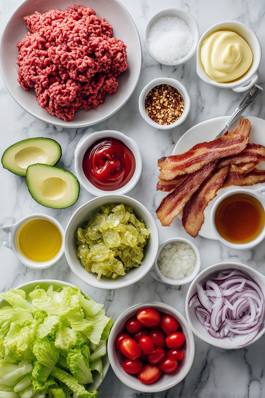 Loaded Burger Bowl with Special Sauce, burger bowl recipes, healthy burger bowl ideas, easy burger bowl, homemade burger sauce - Flat lay of fresh lean ground beef shaped loosely in a mound, a small white ceramic bowl of pale yellow mayonnaise, a small white bowl with bright red ketchup, a small white bowl containing rich amber maple syrup, a small white bowl filled with green dill pickle relish, a small white bowl of light brown dried minced onion, a small white bowl with crushed red pepper flakes, a small white bowl of fine white salt, two medium ripe avocados halved and peeled with pits removed, a small white bowl of fresh lemon juice, a small white bowl of salt, a pile of thinly sliced vibrant red onions, two small heads of romaine lettuce with leaves roughly chopped, a cluster of halved glossy red cherry tomatoes, a small neat pile of pale green pickle chips, and several slices of thick-cut cooked bacon with crispy edges—all ingredients fresh and natural, arranged symmetrically in simple white ceramic bowls and plates, placed on a clean white marble surface, soft natural light, photo taken with an iPhone, professional food photography style, fresh ingredients, white ceramic bowls, no bottles, no duplicates, no utensils, no packaging --ar 2:3 --v 7 --p m7354615311229779997