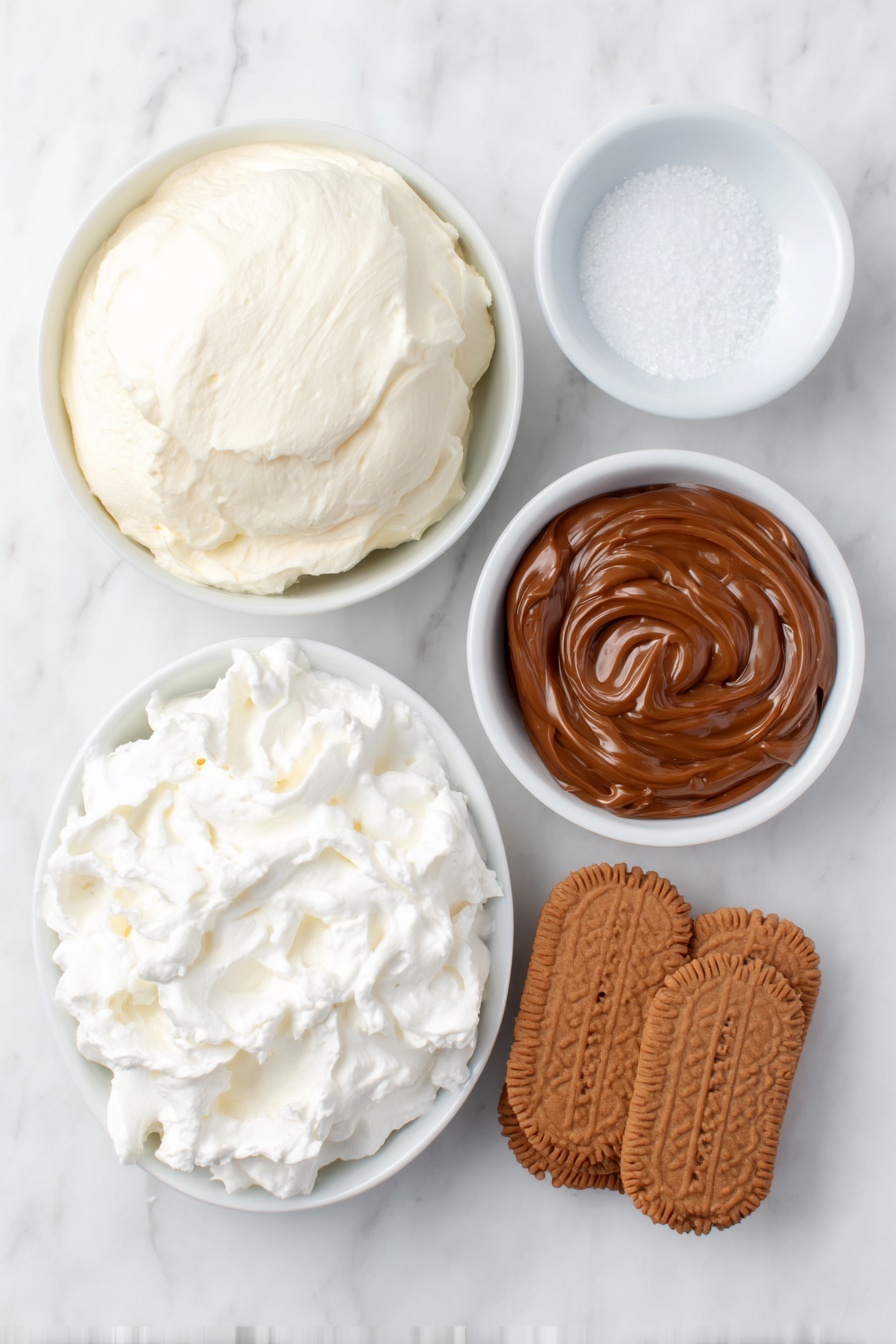 No-Bake Cookie Butter Icebox Cake, Easy Cookie Butter Dessert, No-Bake Layered Cake, Cookie Butter Recipes, No-Oven Sweet Treats - Flat lay of a small mound of smooth, creamy mascarpone cheese, a small heap of white confectioner's sugar, a few whole Lotus Biscoff cookies arranged in a neat stack, a small white bowl filled with rich, glossy Lotus Biscoff spread, a larger white bowl of thick, softly whipped heavy cream with medium peaks, a small white bowl holding clear vanilla extract, and a small pinch of coarse kosher salt crystals scattered beside it, all placed on a clean white marble surface, soft natural light, photo taken with an iPhone, professional food photography style, fresh ingredients, white ceramic bowls, no bottles, no duplicates, no utensils, no packaging --ar 2:3 --v 7 --p m7354615311229779997