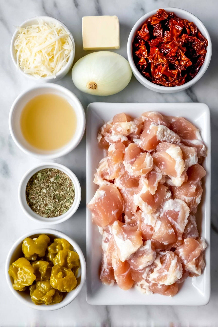 Creamy Pepperoncini Chicken Skillet, spicy chicken skillet recipe, easy creamy chicken dinner, quick weeknight chicken recipe, zesty chicken skillet - Flat lay of fresh raw chicken strips, a small pat of butter, a whole white onion diced beside it, a few garlic cloves diced, a small white bowl of pale golden chicken stock, a small white bowl of sliced roasted red peppers, a small white bowl of heavy cream, a small pile of shredded parmesan cheese, a small white bowl of Italian seasoning herbs, a small white bowl filled with bright yellow-green whole pepperoncini peppers, all arranged with perfect symmetry on a clean white marble surface, soft natural light, photo taken with an iPhone, professional food photography style, fresh ingredients, white ceramic bowls, no bottles, no duplicates, no utensils, no packaging --ar 2:3 --v 7 --p m7354615311229779997