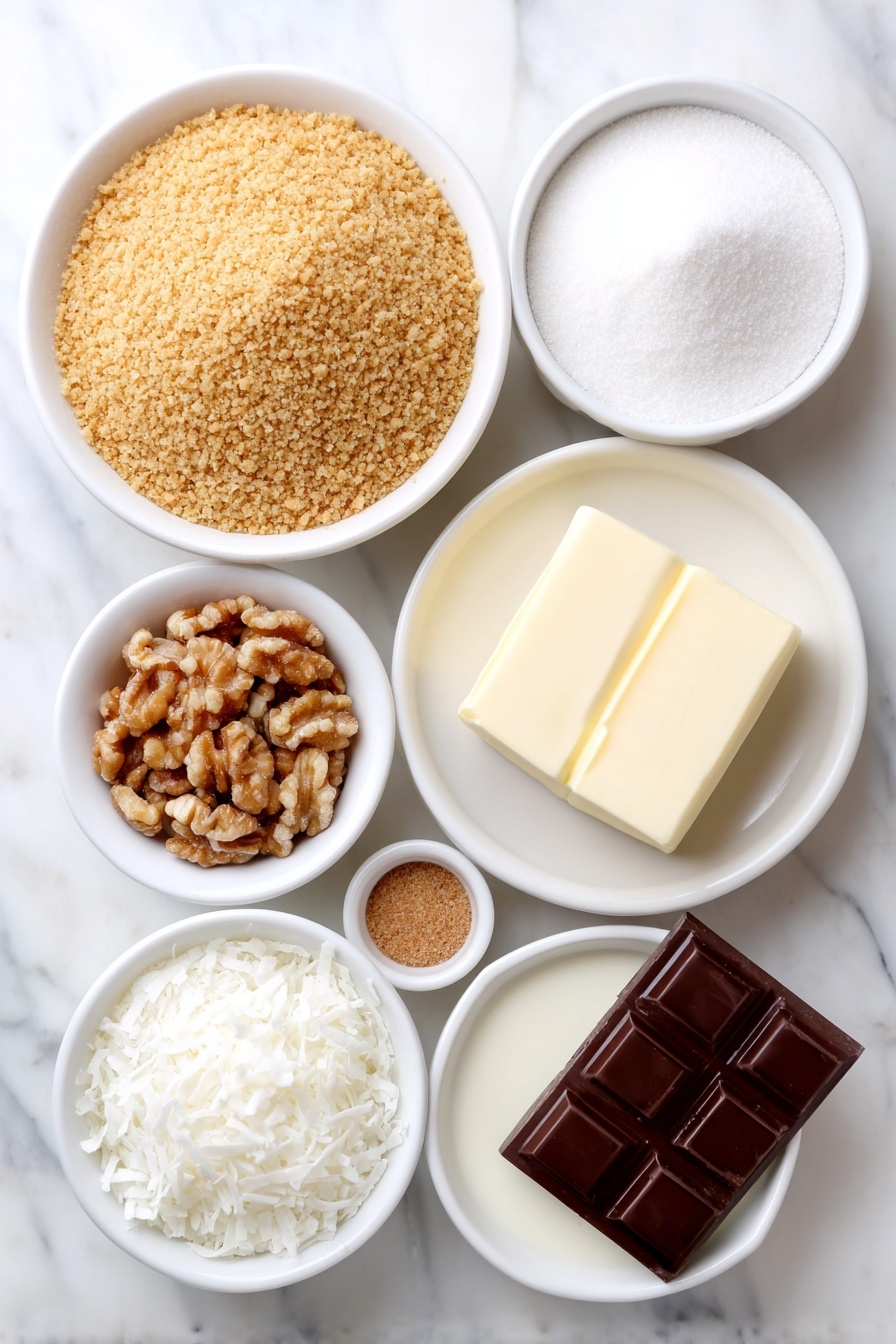 Coconut Chocolate Bars, Coconut Chocolate Bars Recipe, Easy Coconut Chocolate Bars, Tropical Chocolate Bar Dessert, No-Bake Coconut Chocolate Bars - Flat lay of a small white ceramic bowl of crushed golden graham crackers, a small white bowl of fine white flour, a small white bowl holding coarse sea salt, a small white bowl with light brown soft brown sugar, a small white bowl filled with pale off-white baking powder, a small white bowl of melted golden butter, a small white bowl heaped with fluffy white coconut flakes, a small white bowl of shiny semi-sweet dark chocolate chips, a small white bowl containing chopped light brown walnuts, a small white bowl filled with thick creamy condensed milk, all ingredients arranged symmetrically and balanced, placed on a clean white marble surface, soft natural light, photo taken with an iPhone, professional food photography style, fresh ingredients, white ceramic bowls, no bottles, no duplicates, no utensils, no packaging --ar 2:3 --v 7 --p m7354615311229779997