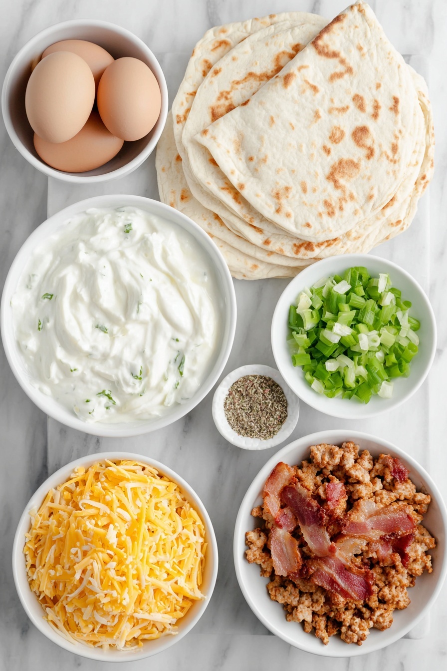 Breakfast Sausage Crescent Rolls, breakfast crescent roll recipes, savory breakfast pinwheels, sausage and cheese breakfast rolls, easy breakfast appetizer - Flat lay of four whole uncracked brown eggs, a small pile of finely diced bright red bell pepper, a small white ceramic bowl with fresh whole milk, a small white ceramic bowl filled with freshly ground black pepper, two rectangular sheets of pale beige crescent dough, a small white ceramic bowl of whipped cream cheese flecked with green chives and onion pieces, a small pile of browned cooked ground breakfast sausage, four slices of crisp crumbled golden-brown cooked bacon, and a neat mound of shredded sharp orange cheddar cheese all arranged symmetrically on a clean white marble surface, soft natural light, photo taken with an iPhone, professional food photography style, fresh ingredients, white ceramic bowls, no bottles, no duplicates, no utensils, no packaging --ar 2:3 --v 7 --p m7354615311229779997