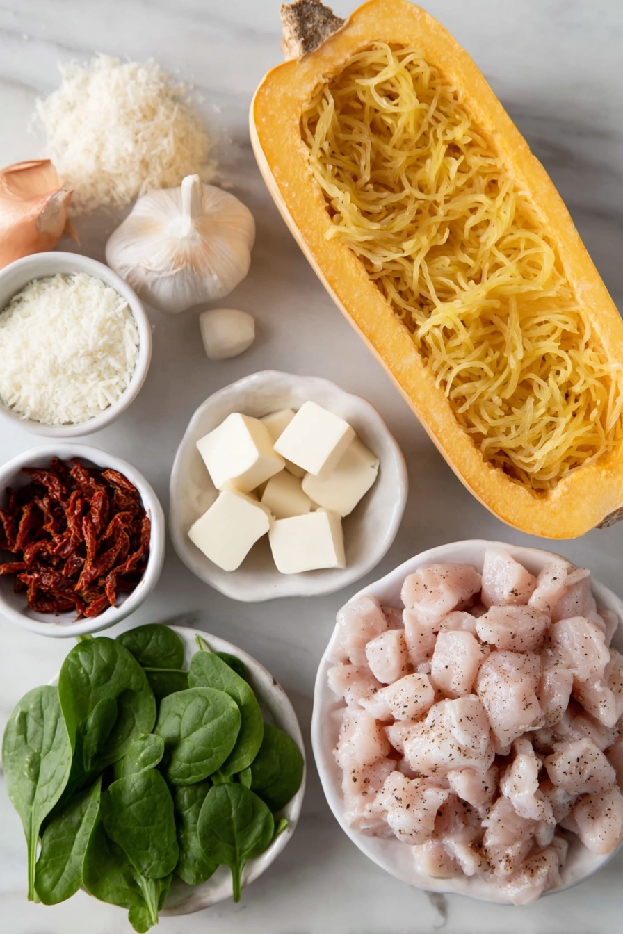 Tuscan Chicken with Spaghetti Squash, healthy Tuscan chicken dinner, easy low-carb chicken recipe, flavorful spaghetti squash recipes, quick Tuscan chicken dish - Flat lay of a medium whole spaghetti squash cut in half showing its seeds, a pile of bite-sized raw boneless skinless chicken pieces seasoned with salt, pepper, and Italian seasoning, two tablespoons of butter shaped into neat pats, four whole peeled garlic cloves, one whole shallot unpeeled, a small white ceramic bowl with thin julienne strips of sun-dried tomatoes, a small white ceramic bowl filled with heavy cream, a small white ceramic bowl with grated Parmesan cheese, a handful of fresh baby spinach leaves, a few sprigs of fresh parsley all arranged symmetrically on a clean white marble surface, soft natural light, photo taken with an iPhone, professional food photography style, fresh ingredients, white ceramic bowls, no bottles, no duplicates, no utensils, no packaging --ar 2:3 --v 7 --p m7354615311229779997