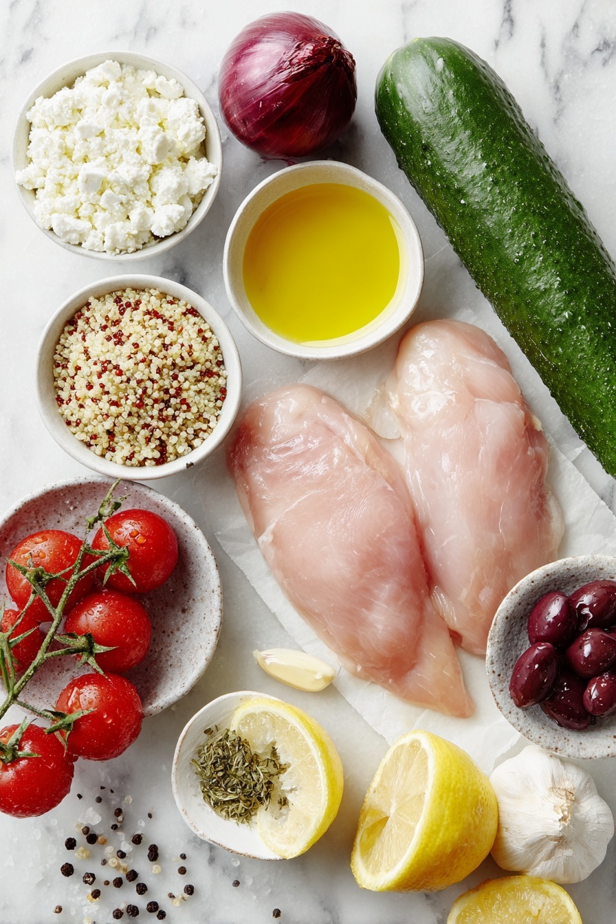 Greek Chicken Quinoa Bowls, Greek Chicken Bowls, Healthy Quinoa Bowls, Mediterranean Chicken Recipe, Fresh Chicken Quinoa Dinner - Flat lay of a small heap of uncooked quinoa grains, four raw boneless skinless chicken breasts with a natural pink tone, one whole English cucumber with deep green skin, four ripe Roma tomatoes with bright red skin, one medium red onion with smooth purple outer layers, a small white ceramic bowl of crumbled white feta cheese, a small white ceramic bowl of dark purple kalamata olives, two whole lemons—one cut in half showing juicy pulp, a small white ceramic bowl of golden olive oil, a small white ceramic bowl of light amber honey, one whole garlic bulb with papery white skin beside a few minced garlic cloves, a small white ceramic bowl with dried green oregano leaves, a small white ceramic bowl with dried light green basil leaves, a small white ceramic bowl of coarse kosher salt, a small white ceramic bowl of whole black peppercorns placed on a clean white marble surface, soft natural light, photo taken with an iPhone, professional food photography style, fresh ingredients, white ceramic bowls, no bottles, no duplicates, no utensils, no packaging --ar 2:3 --v 7 --p m7354615311229779997