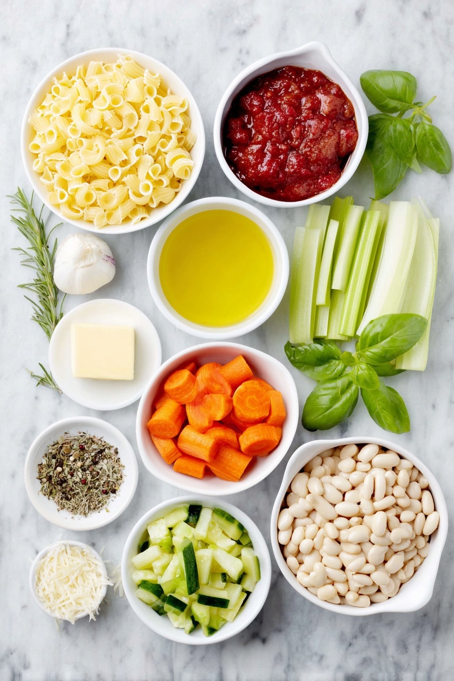 Easy Vegetable Minestrone Soup, vegetable minestrone soup, hearty vegetable soup, healthy minestrone recipe, quick vegetable soup - Flat lay of a small pool of golden olive oil in a white ceramic bowl, a small pat of pale yellow butter on a white plate, one medium yellow onion quartered, two bright green celery sticks trimmed, three peeled and sliced vibrant orange carrots arranged neatly, three cloves of fresh white garlic, a small white bowl filled with deep red crushed tomatoes, another white bowl with clear golden chicken broth, one small green zucchini diced, a handful of fresh green beans cut, a small white bowl holding dark red kidney beans, a separate white bowl with creamy white cannellini beans, a scattering of dried Italian herb leaves, three quarters cup of uncooked elbow macaroni pasta, a few coarse grains of sea salt and cracked black peppercorns in a small white bowl, sprigs of fresh bright green basil, and a small heap of finely grated pale yellow parmesan cheese all positioned with perfect symmetry and natural proportions, placed on a clean white marble surface, soft natural light, photo taken with an iPhone, professional food photography style, fresh ingredients, white ceramic bowls, no bottles, no duplicates, no utensils, no packaging --ar 2:3 --v 7 --p m7354615311229779997