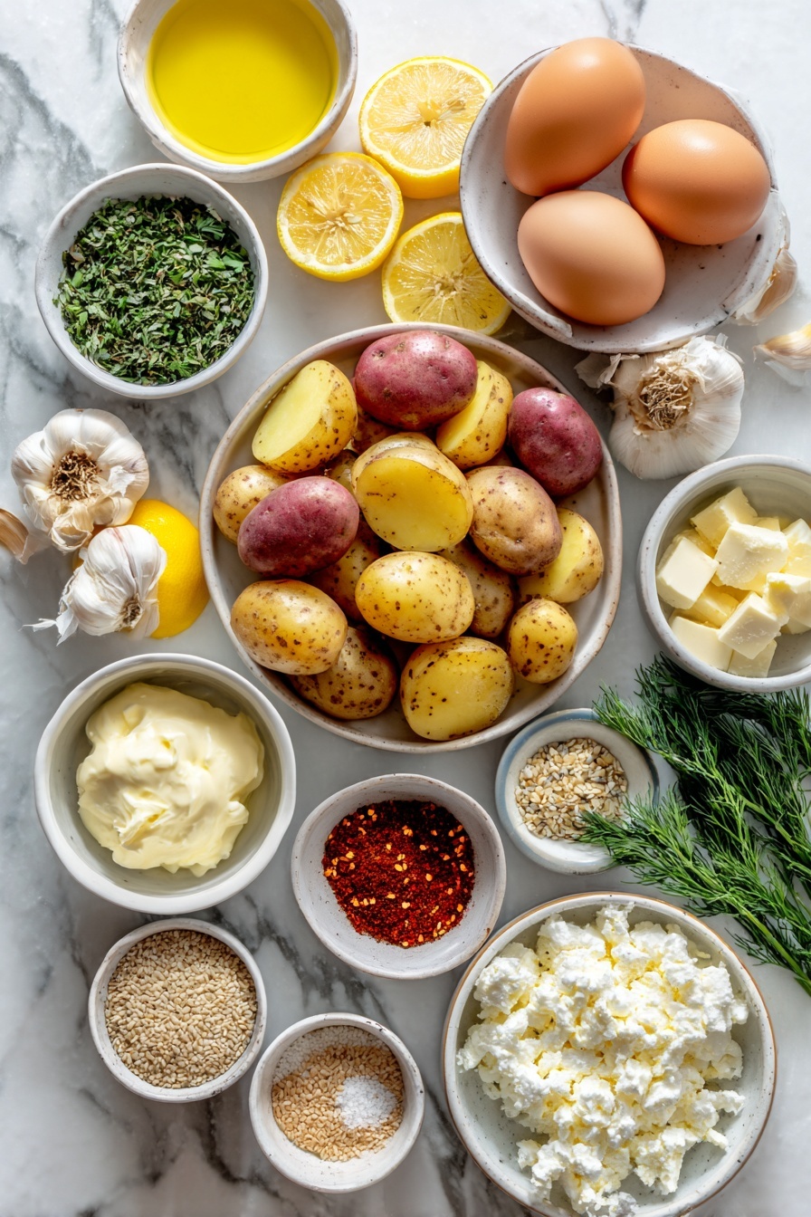 Crispy Herb Roasted Potatoes with Feta, herb roasted potatoes, crispy potato side dish, roasted potato recipes, feta sauce side dish - Flat lay of halved mixed baby potatoes with their natural skin colors, quartered fresh lemon wedges with bright yellow rinds and juicy interiors, whole garlic cloves with their smooth white papery skins slightly smashed, a small white ceramic bowl filled with chopped fresh oregano leaves, a small white ceramic bowl holding vibrant mixed chopped herbs of basil, dill, and parsley, two whole uncracked brown eggs, a small white ceramic bowl of golden extra virgin olive oil, a small white ceramic bowl of creamy white crumbled feta cheese, a small white ceramic bowl with soft cream cheese, a small white ceramic bowl containing bright yellow honey, a small white ceramic bowl filled with pale beige sesame seeds, a small white ceramic bowl with deep red chili flakes, a small white ceramic bowl with smoky paprika powder, and a small white ceramic bowl of coarse kosher salt — all perfectly arranged in balanced symmetry on a clean white marble surface, soft natural light, photo taken with an iPhone, professional food photography style, fresh ingredients, white ceramic bowls, no bottles, no duplicates, no utensils, no packaging --ar 2:3 --v 7 --p m7354615311229779997