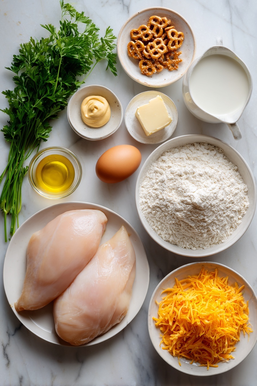 Pretzel Crusted Chicken with Cheddar Sauce, crunchy pretzel chicken, cheesy chicken recipes, easy pretzel coated chicken, savory chicken dinner ideas - Flat lay of two raw boneless skinless chicken breasts, a small pile of crushed salted pretzels, a small mound of plain white flour, a small white bowl with whole uncracked brown egg, a small white bowl of neutral clear oil, a few sprigs of fresh green parsley, a small white bowl of pale yellow butter, a small white bowl of smooth Dijon mustard, a small white bowl of fresh white milk, a small pile of shredded bright orange cheddar cheese, all arranged symmetrically with balanced proportions on simple white ceramic dishes and bowls, placed on a clean white marble surface, soft natural light, photo taken with an iPhone, professional food photography style, fresh ingredients, white ceramic bowls, no bottles, no duplicates, no utensils, no packaging --ar 2:3 --v 7 --p m7354615311229779997