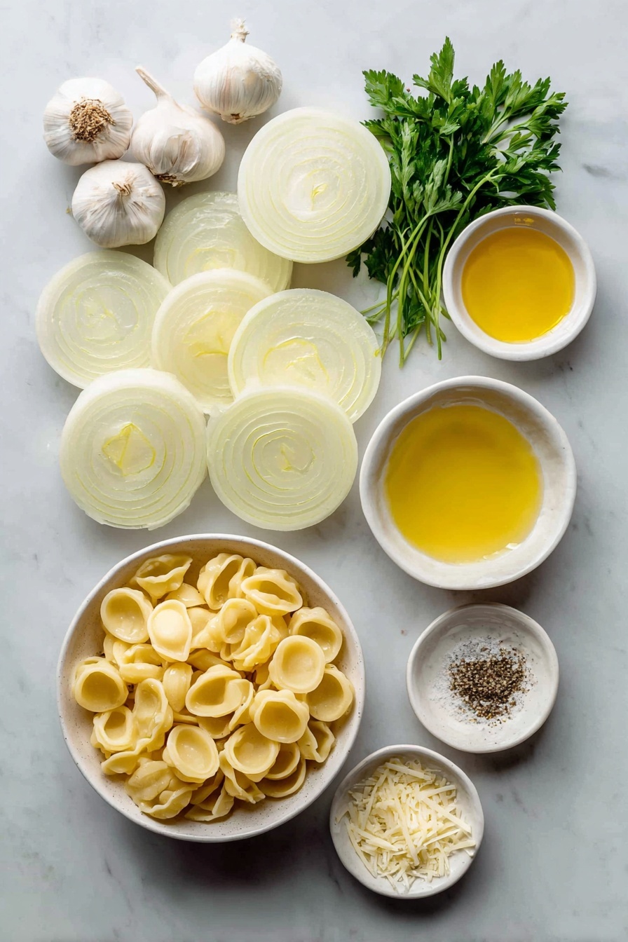 French Onion Pasta with Cheese, French Onion Pasta, cheesy pasta with caramelized onions, savory onion pasta dish, comfort food pasta recipes - Flat lay of three large yellow onions sliced into thin rings arranged neatly, four whole uncracked garlic cloves, a small pile of fresh parsley sprigs, two small white ceramic bowls—one filled with golden olive oil and the other with melted unsalted butter, a small white bowl containing pale evaporated milk, a simple heap of uncooked orecchiette pasta, a pristine small mound of freshly shredded Gruyere cheese, a smaller portion of freshly shredded Parmesan cheese, and a tiny white bowl with coarse sea salt and ground black pepper mixed evenly, all symmetrically placed on a clean white marble surface, soft natural light, photo taken with an iPhone, professional food photography style, fresh ingredients, white ceramic bowls, no bottles, no duplicates, no utensils, no packaging --ar 2:3 --v 7 --p m7354615311229779997