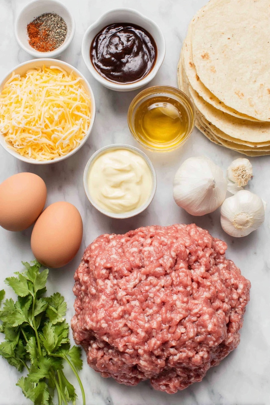 Garlic Honey BBQ Tacos, BBQ tacos recipe, easy taco recipes, sweet smoky tacos, quick dinner ideas - Flat lay of a small mound of fresh ground beef, two uncracked brown eggs, two cloves of whole garlic, a small white bowl of golden honey, a small white bowl of dark reddish BBQ sauce, a small white bowl of creamy mayonnaise, a small white bowl of smoked paprika powder, a pinch of coarse salt crystals, a few cracked black peppercorns, six soft corn tortillas stacked neatly, a small pile of shredded bright orange cheddar cheese, and a small bunch of fresh green cilantro sprigs, all arranged symmetrically and naturally placed on a clean white marble surface, soft natural light, photo taken with an iPhone, professional food photography style, fresh ingredients, white ceramic bowls, no bottles, no duplicates, no utensils, no packaging --ar 2:3 --v 7 --p m7354615311229779997