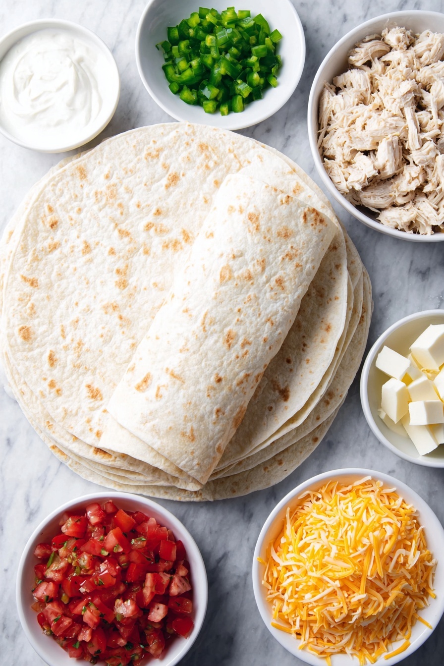 Queso Chicken Enchiladas Bake, cheesy chicken enchiladas, easy enchiladas recipe, baked chicken enchiladas, creamy cheese casserole - Flat lay of burrito-size flour tortillas stacked neatly, shredded white chicken piled fluffy, a small white bowl of creamy sour cream, shredded orange cheddar cheese loosely scattered, a few chopped green chilies fresh and vibrant, white ceramic bowl filled with bright red diced tomatoes with green chilies, cubed creamy white queso blanco Velveeta arranged in a neat pile, small white bowl containing reddish-brown taco seasoning powder, all ingredients placed on a clean white marble surface, soft natural light, photo taken with an iPhone, professional food photography style, fresh ingredients, white ceramic bowls, no bottles, no duplicates, no utensils, no packaging --ar 2:3 --v 7 --p m7354615311229779997