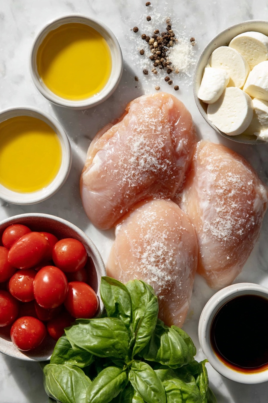 Chicken Caprese Skillet, Easy Chicken Caprese, Balsamic Chicken Skillet, Quick Caprese Chicken Dinner, One-Pan Chicken Caprese - Flat lay of four raw boneless skinless chicken breasts, a few pinches of kosher salt and scattered freshly ground black peppercorns, two small white ceramic bowls each holding golden olive oil, three whole uncracked garlic cloves, a simple white ceramic bowl filled with halved bright red cherry tomatoes, a few large vibrant green basil leaves, several thick slices of fresh white buffalo mozzarella arranged neatly, and a small white ceramic bowl of dark glossy balsamic vinegar, all arranged symmetrically and balanced, placed on a clean white marble surface, soft natural light, photo taken with an iPhone, professional food photography style, fresh ingredients, white ceramic bowls, no bottles, no duplicates, no utensils, no packaging --ar 2:3 --v 7 --p m7354615311229779997