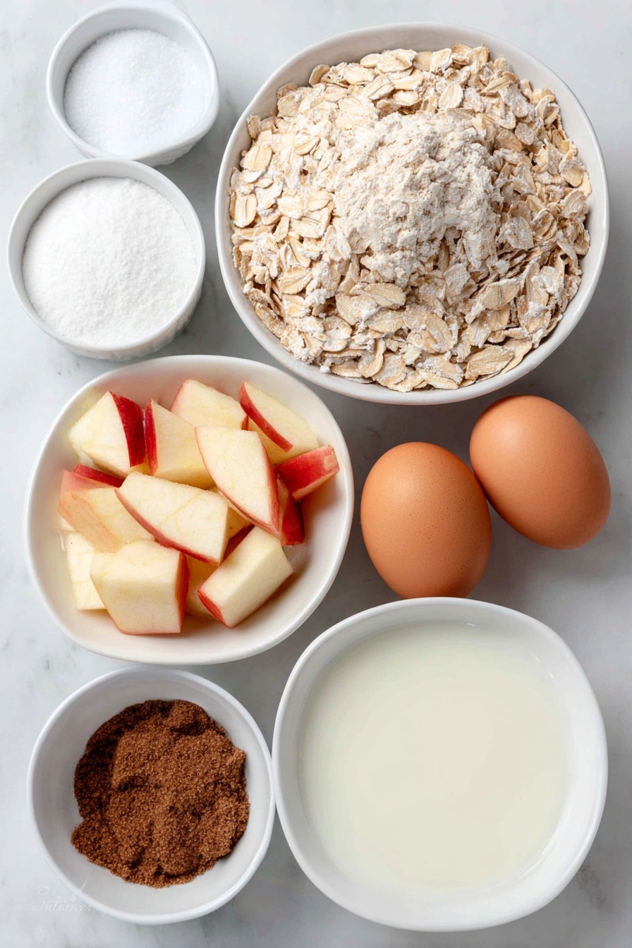 Apple Cinnamon Baked Oatmeal, cozy breakfast recipes, healthy breakfast ideas, quick oatmeal casserole, autumn breakfast favorites - Flat lay of a small mound of old fashioned oats, a small white bowl of white sugar, a small white bowl of packed brown sugar, a small white bowl of baking powder, a small white bowl of ground cinnamon, a small white bowl of table salt, a small white bowl of milk, two whole brown eggs with clean shells, a small white bowl of vanilla extract, a small white bowl of melted salted butter, fresh peeled apple chunks arranged neatly on a simple white ceramic plate, placed on a clean white marble surface, soft natural light, photo taken with an iPhone, professional food photography style, fresh ingredients, white ceramic bowls, no bottles, no duplicates, no utensils, no packaging --ar 2:3 --v 7 --p m7354615311229779997