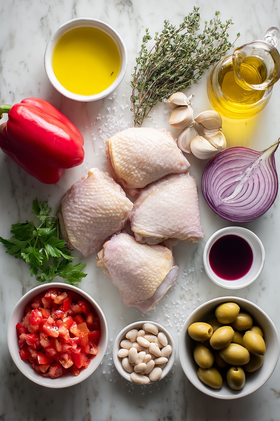 Spanish Chicken in Bravas Sauce, Spanish chicken recipes, bravas sauce chicken, flavorful Spanish chicken dish, spicy chicken with bravas sauce - Flat lay of fresh raw chicken thighs with smooth skin, a small mound of coarse sea salt crystals, a white ceramic bowl with bright golden olive oil, a whole red bell pepper sliced lengthwise showing its seeds, a chopped yellow onion with white and purple layers, a few fresh thyme sprigs with tiny green leaves, several garlic cloves sliced thinly, a small white bowl filled with vibrant chopped red tomatoes, a small white bowl of clear water, a small white bowl holding deep red wine vinegar, a small white bowl filled with plump white cannellini beans, a small white bowl with shiny green olives, and a few sprigs of fresh flat-leaf parsley with bright green leaves, all arranged symmetrically on a clean white marble surface, soft natural light, photo taken with an iPhone, professional food photography style, fresh ingredients, white ceramic bowls, no bottles, no duplicates, no utensils, no packaging --ar 2:3 --v 7 --p m7354615311229779997