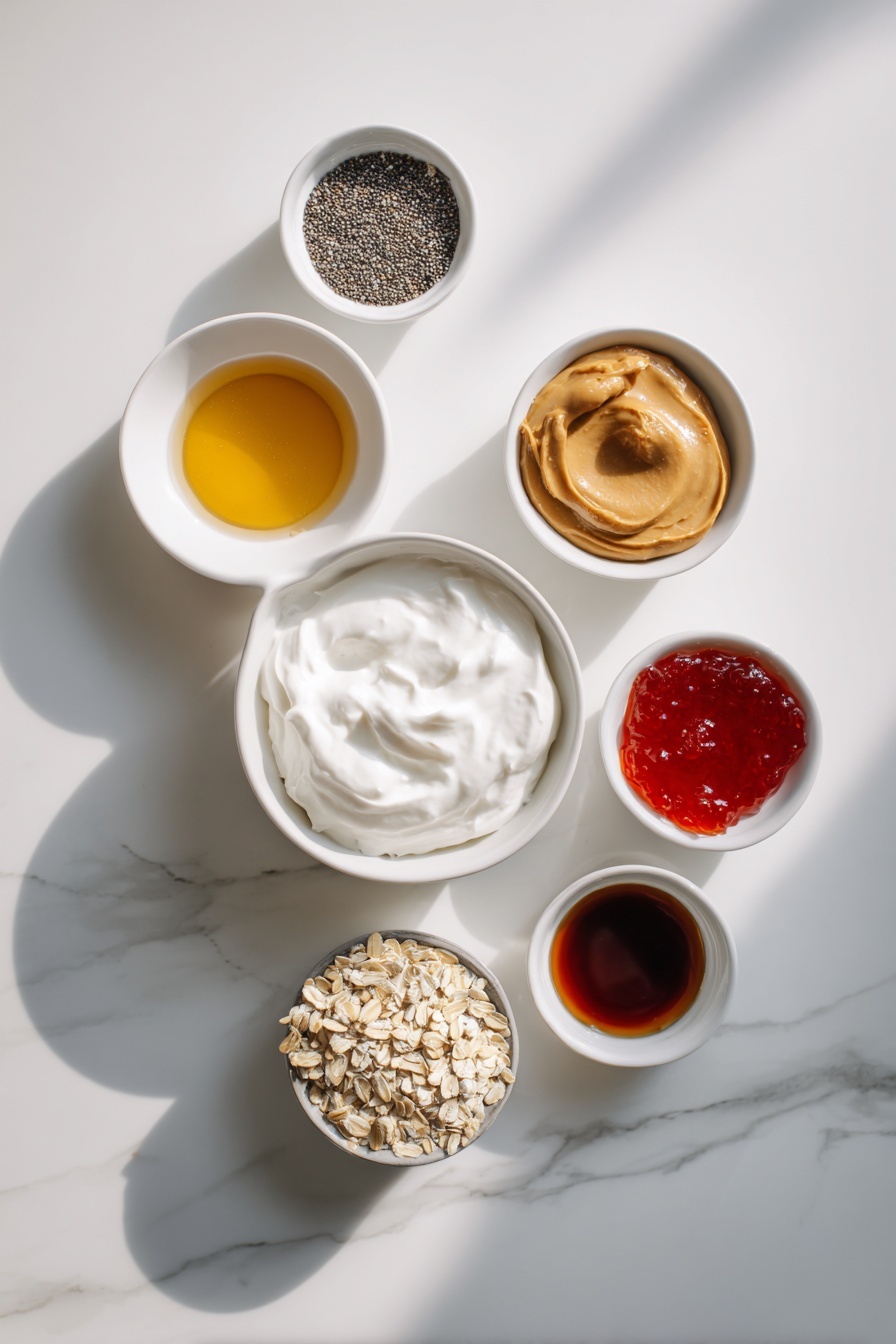 Peanut Butter and Jelly Overnight Oats, healthy breakfast overnight oats, easy overnight oats recipes, make-ahead breakfast ideas, no-cook breakfast oats - Flat lay of a small mound of creamy plain Greek yogurt, a small white bowl filled with smooth almond milk, a small white bowl holding rich, creamy peanut butter, a small white bowl with golden honey glistening under natural light, a small white bowl containing pure vanilla extract, a neat pile of old fashioned oats, a small white bowl with tiny black chia seeds, and a small white bowl with glossy red jelly or jam, all arranged in perfect symmetry on a clean white ceramic surface, placed on a clean white marble surface, soft natural light, photo taken with an iPhone, professional food photography style, fresh ingredients, white ceramic bowls, no bottles, no duplicates, no utensils, no packaging --ar 2:3 --v 7 --p m7354615311229779997