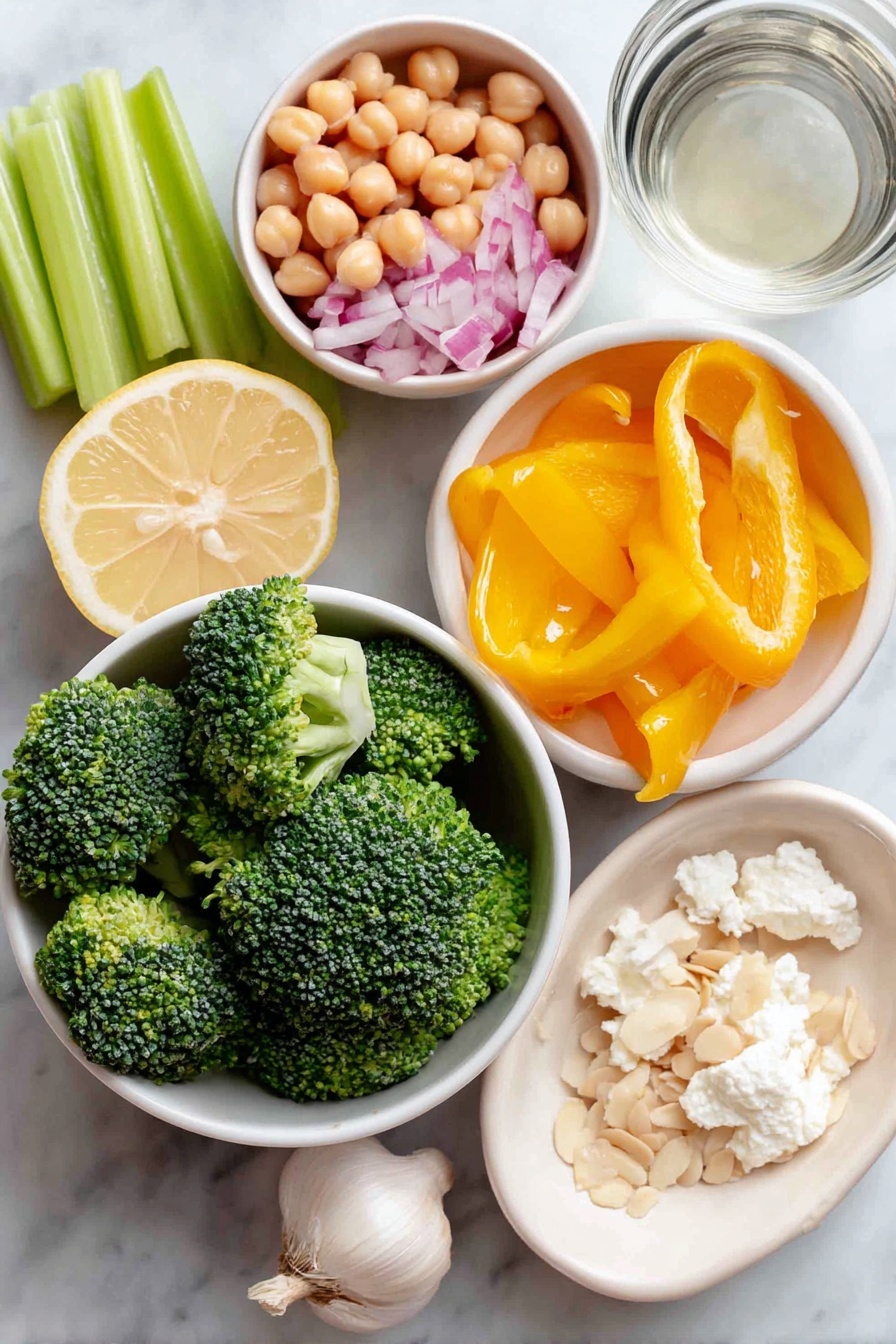Broccoli and Chickpea Salad with Lemon Tahini, healthy broccoli chickpea salad, vegan lemon tahini salad, easy nutritious salad recipes, vibrant vegetable salad - Flat lay of fresh chopped broccoli florets, a small white bowl of rinsed chickpeas, bright yellow bell pepper pieces, chopped celery stalks, finely chopped red onion, a small white bowl of slivered almonds, crumbled creamy goat cheese, a small white bowl of smooth tahini, a small white bowl with fresh lemon juice, a whole unpeeled garlic clove, and a small white bowl of clear water placed on a clean white marble surface, soft natural light, photo taken with an iPhone, professional food photography style, fresh ingredients, white ceramic bowls, no bottles, no duplicates, no utensils, no packaging --ar 2:3 --v 7 --p m7354615311229779997