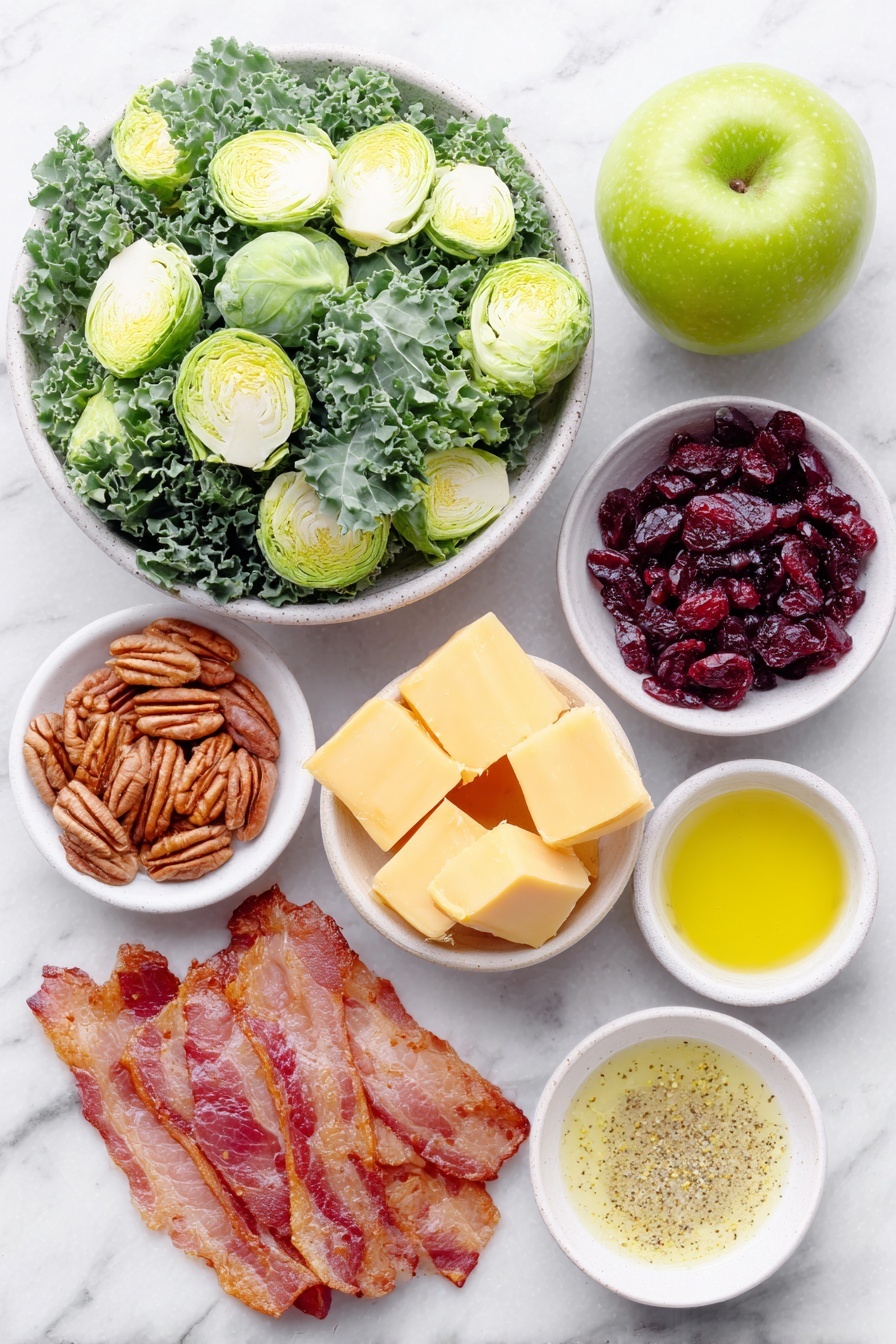 Kale Brussels Sprout Apple Salad with Bacon, healthy kale apple salad, savory Brussels sprout salad, easy bacon salad recipe, crunchy fruit and veggie salad - Flat lay of thinly shaved fresh Brussels sprouts, loosely piled fresh dark green kale leaves sliced into ribbons, a whole bright green Granny Smith apple cut to reveal crisp white interior, roughly chopped toasted pecans, a small pile of deep red dried cranberries, neat cubes of sharp orange cheddar cheese, five cooked crispy bacon strips crumbled, a small minced shallot mound, three small white ceramic bowls containing extra virgin olive oil, apple cider vinegar, and a honey-mustard vinaigrette with visible mustard seeds, all arranged with perfect symmetry and balanced proportions, placed on a clean white marble surface, soft natural light, photo taken with an iPhone, professional food photography style, fresh ingredients, white ceramic bowls, no bottles, no duplicates, no utensils, no packaging --ar 2:3 --v 7 --p m7354615311229779997