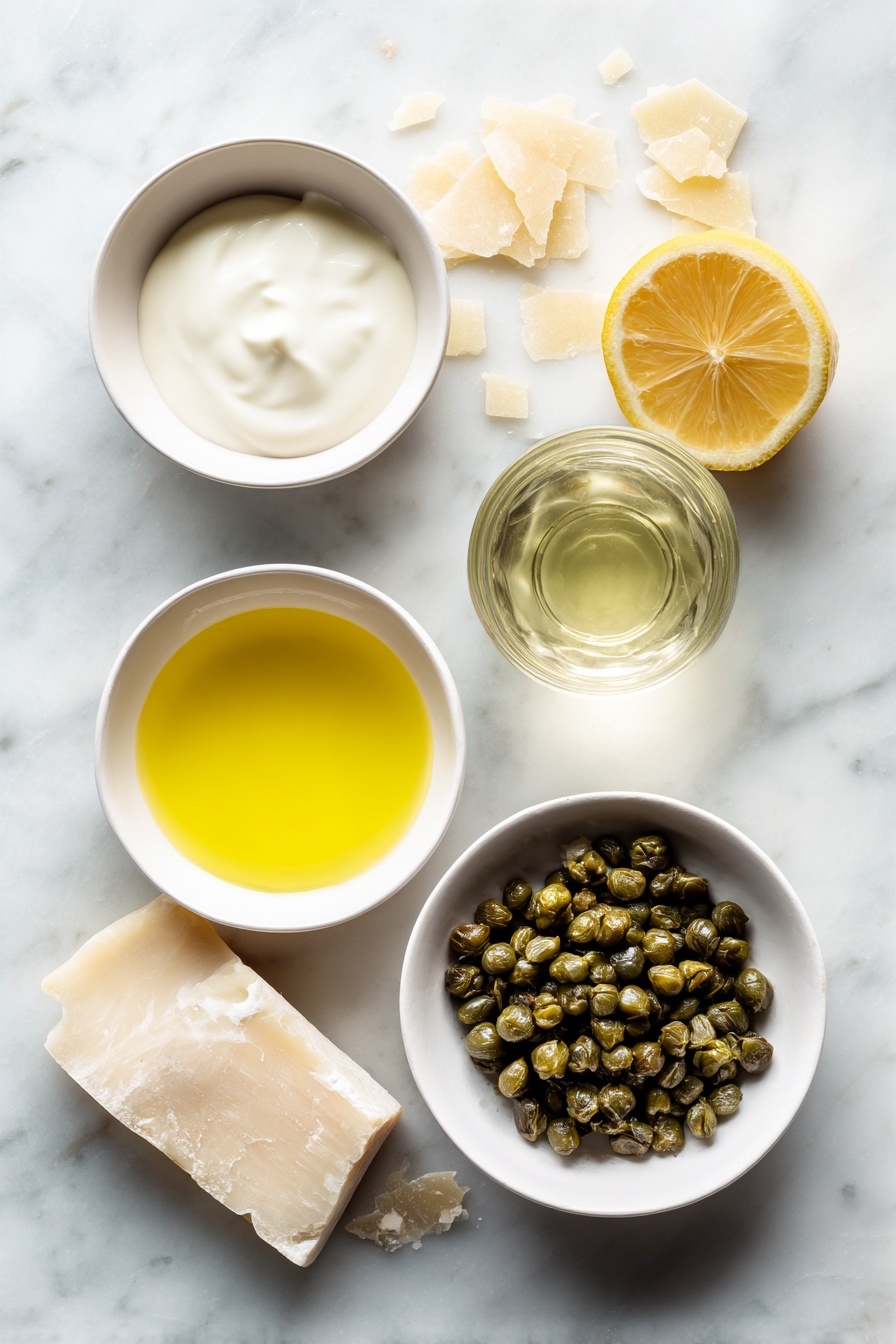 Lemon Caper Sauce, Lemon Caper Sauce for Pasta and Fish, Bright Lemon Caper Sauce, Easy Lemon Caper Sauce Recipe, Briny Lemon Caper Sauce - Flat lay of a small cluster of fresh green capers, a wedge of pale yellow parmesan with a few shavings scattered nearby, a small white ceramic bowl filled with rich heavy cream, a small white ceramic bowl holding bright yellow freshly squeezed lemon juice, and a small white ceramic bowl containing clear, pale golden white wine, all arranged symmetrically on a clean white marble surface, soft natural light, photo taken with an iPhone, professional food photography style, fresh ingredients, white ceramic bowls, no bottles, no duplicates, no utensils, no packaging --ar 2:3 --v 7 --p m7354615311229779997