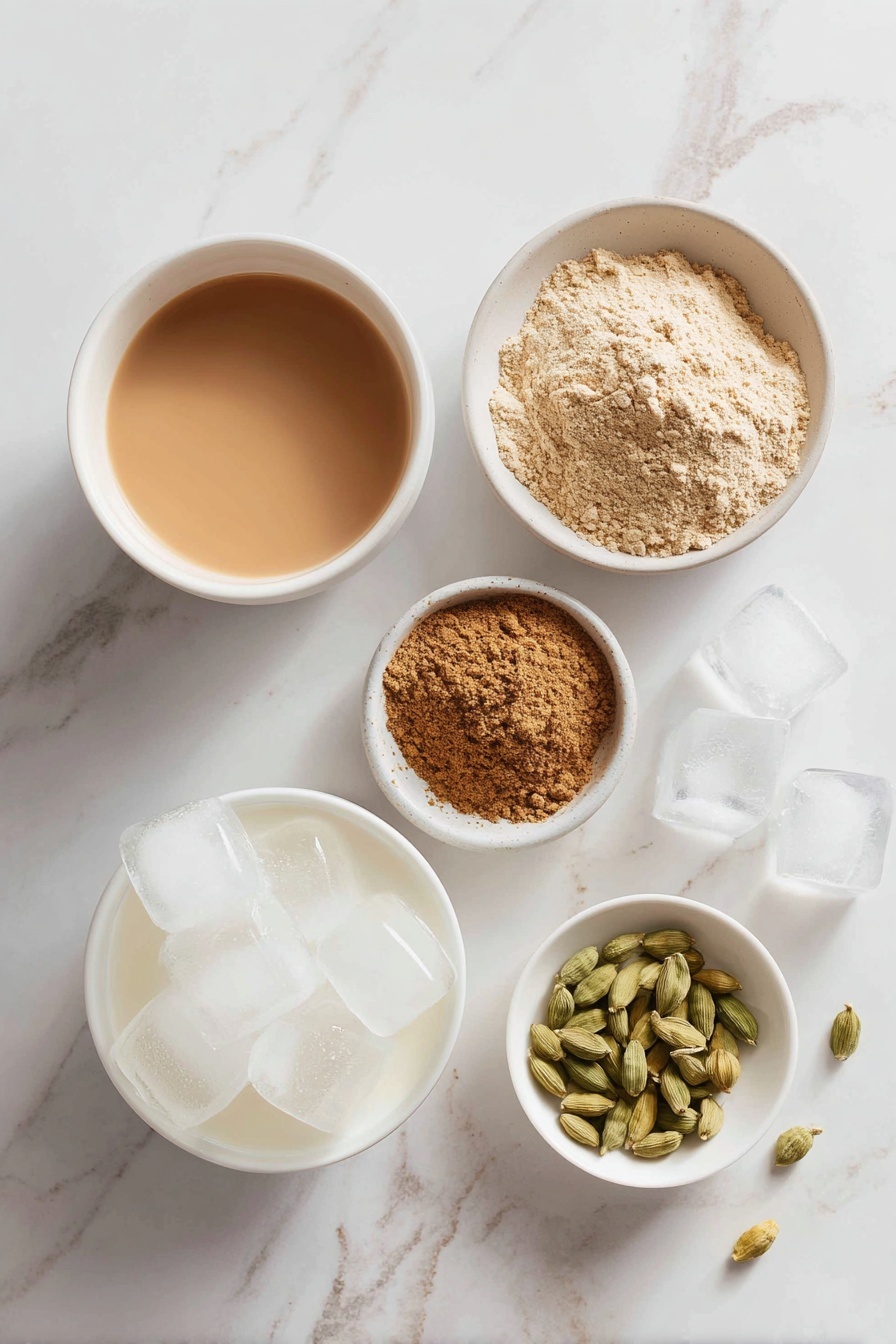 Vanilla Chai Protein Shake, vanilla chai protein shake, healthy protein shake, flavored protein smoothie, cozy chai protein drink - Flat lay of a small mound of smooth vanilla protein powder, a simple white ceramic bowl filled with amber chai tea, a small white bowl with warm brown ground nutmeg, another small white bowl containing light green whole cardamom pods, a white ceramic bowl with creamy unsweetened almond milk, and a cluster of clear ice cubes neatly arranged—each ingredient fresh and natural, perfectly spaced and balanced, placed on a clean white marble surface, soft natural light, photo taken with an iPhone, professional food photography style, fresh ingredients, white ceramic bowls, no bottles, no duplicates, no utensils, no packaging --ar 2:3 --v 7 --p m7354615311229779997