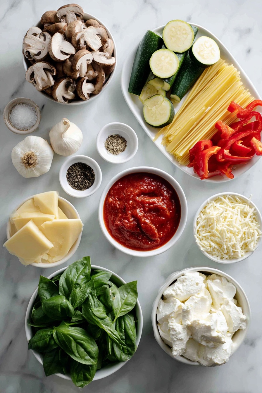 Vegetarian Mushroom Lasagna, vegetarian lasagna recipe, mushroom lasagna, veggie lasagna, easy vegetable lasagna - Flat lay of extra-virgin olive oil in a small white bowl, quartered fresh cremini mushrooms, a red bell pepper cut into 1-inch pieces, medium zucchini cut into half-inch pieces, half a yellow onion cut into half-inch pieces, a few pinches of sea salt and freshly ground black pepper in small white bowls, uncooked whole lasagna noodles, a small white bowl filled with vibrant red marinara sauce, fresh green spinach leaves, grated low-moisture part-skim mozzarella cheese mounded on a simple white ceramic plate, grated pecorino cheese in a small white bowl, a white ceramic bowl with whole milk ricotta cheese, three whole uncracked garlic cloves, fresh lemon zest scattered lightly on the side, fresh basil leaves arranged neatly on a white plate, all placed on a clean white marble surface, soft natural light, photo taken with an iPhone, professional food photography style, fresh ingredients, white ceramic bowls, no bottles, no duplicates, no utensils, no packaging --ar 2:3 --v 7 --p m7354615311229779997