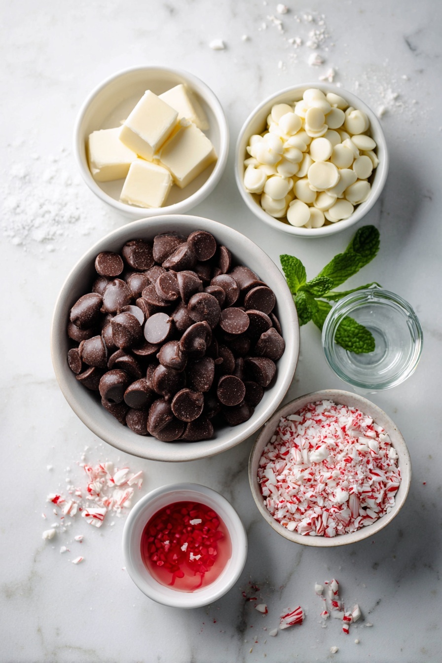 Peppermint Swirl Chocolate Fudge, holiday peppermint fudge, festive chocolate fudge, peppermint dessert recipe, easy Christmas fudge - Flat lay of a simple white ceramic bowl filled with glossy semi-sweet chocolate chips, a small white bowl holding unsalted butter chunks, a small white bowl with thick sweetened condensed milk, a clean glass vial of peppermint extract (exclude since no bottles allowed—replace with a sprig of fresh peppermint leaves), a pinch of salt crystals scattered neatly, a separate simple white ceramic bowl filled with smooth white chocolate chips, a tiny white bowl containing vibrant red gel food coloring drops, a small white bowl with crushed red and white peppermint candies, all arranged symmetrically and naturally on a clean white marble surface, soft natural light, photo taken with an iPhone, professional food photography style, fresh ingredients, white ceramic bowls, no bottles, no duplicates, no utensils, no packaging --ar 2:3 --v 7 --p m7354615311229779997