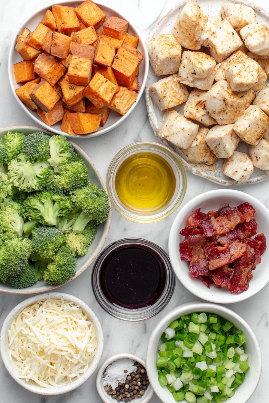 Buffalo Chicken Sweet Potato Casserole, spicy buffalo chicken bake, healthy sweet potato casserole, baked buffalo chicken dinner, easy comfort food recipes - Flat lay of boneless chicken breasts cut into cubes, medium sweet potatoes with skin on cut into small cubes, fresh broccoli florets, small white bowl of bright orange buffalo sauce, small white bowl of golden avocado oil, small white bowl of coarse salt, small white bowl of black peppercorns, small white bowl of garlic powder, small white bowl of shredded cheddar cheese, small white bowl of chopped green onions, small white bowl of cooked turkey bacon pieces, small white bowl with a drizzle of creamy ranch dressing, all ingredients arranged in perfect symmetry on simple white ceramic dishes placed on a clean white marble surface, soft natural light, photo taken with an iPhone, professional food photography style, fresh ingredients, white ceramic bowls, no bottles, no duplicates, no utensils, no packaging --ar 2:3 --v 7 --p m7354615311229779997