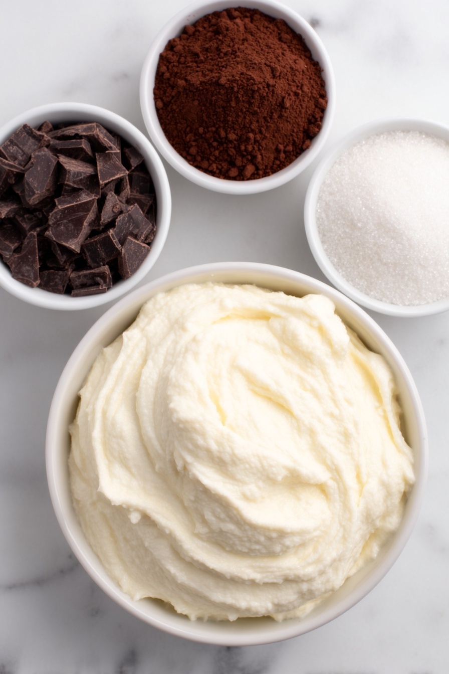 Chocolate Protein Fluff, healthy chocolate protein dessert, high-protein fluffy snack, quick protein dessert, low-sugar chocolate treat - Flat lay of a large white ceramic bowl filled with smooth creamy vanilla Greek yogurt, a small white bowl of rich dark chocolate protein powder, a small white bowl of fine unsweetened cocoa powder, a small white bowl containing granulated sugar, all ingredients fresh and natural, placed on a clean white marble surface, soft natural light, photo taken with an iPhone, professional food photography style, fresh ingredients, white ceramic bowls, no bottles, no duplicates, no utensils, no packaging --ar 2:3 --v 7 --p m7354615311229779997