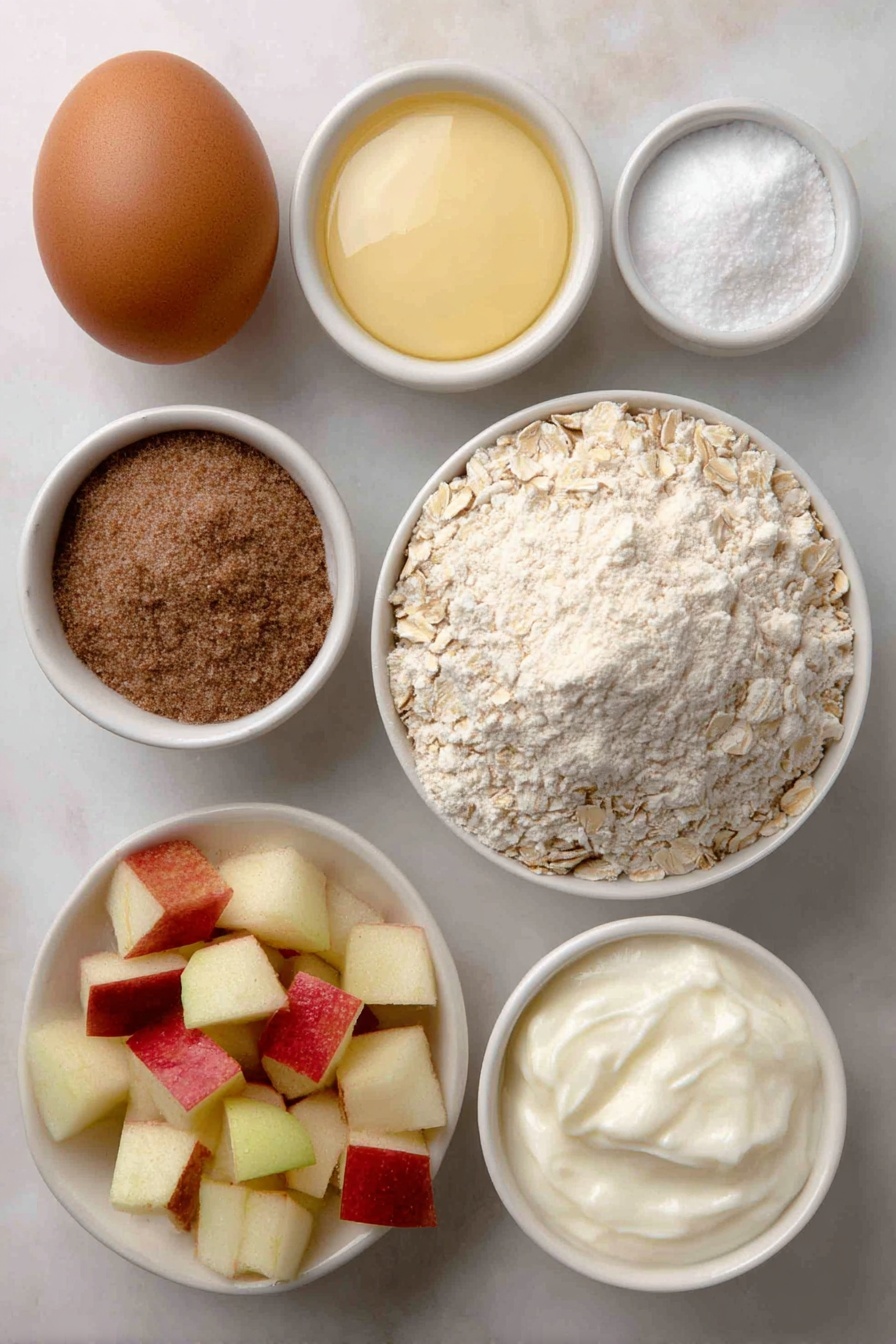 Apple Cinnamon Greek Yogurt Muffins, healthy apple cinnamon muffins, moist Greek yogurt muffins, homemade apple cinnamon baking, easy breakfast muffins - Flat lay of a small mound of all-purpose flour, a neat pile of rolled oats, a small white ceramic bowl filled with creamy Greek yogurt, a small white ceramic bowl with fine white sugar, a small white ceramic bowl holding smooth apple sauce, one large whole uncracked brown egg, a small white ceramic bowl containing ground cinnamon, a small white ceramic bowl with baking powder, a small white ceramic bowl with baking soda, a small white ceramic bowl with coarse salt, a small pile of fresh diced red and green apple pieces all arranged with perfect symmetry on a clean white marble surface, soft natural light, photo taken with an iPhone, professional food photography style, fresh ingredients, white ceramic bowls, no bottles, no duplicates, no utensils, no packaging --ar 2:3 --v 7 --p m7354615311229779997