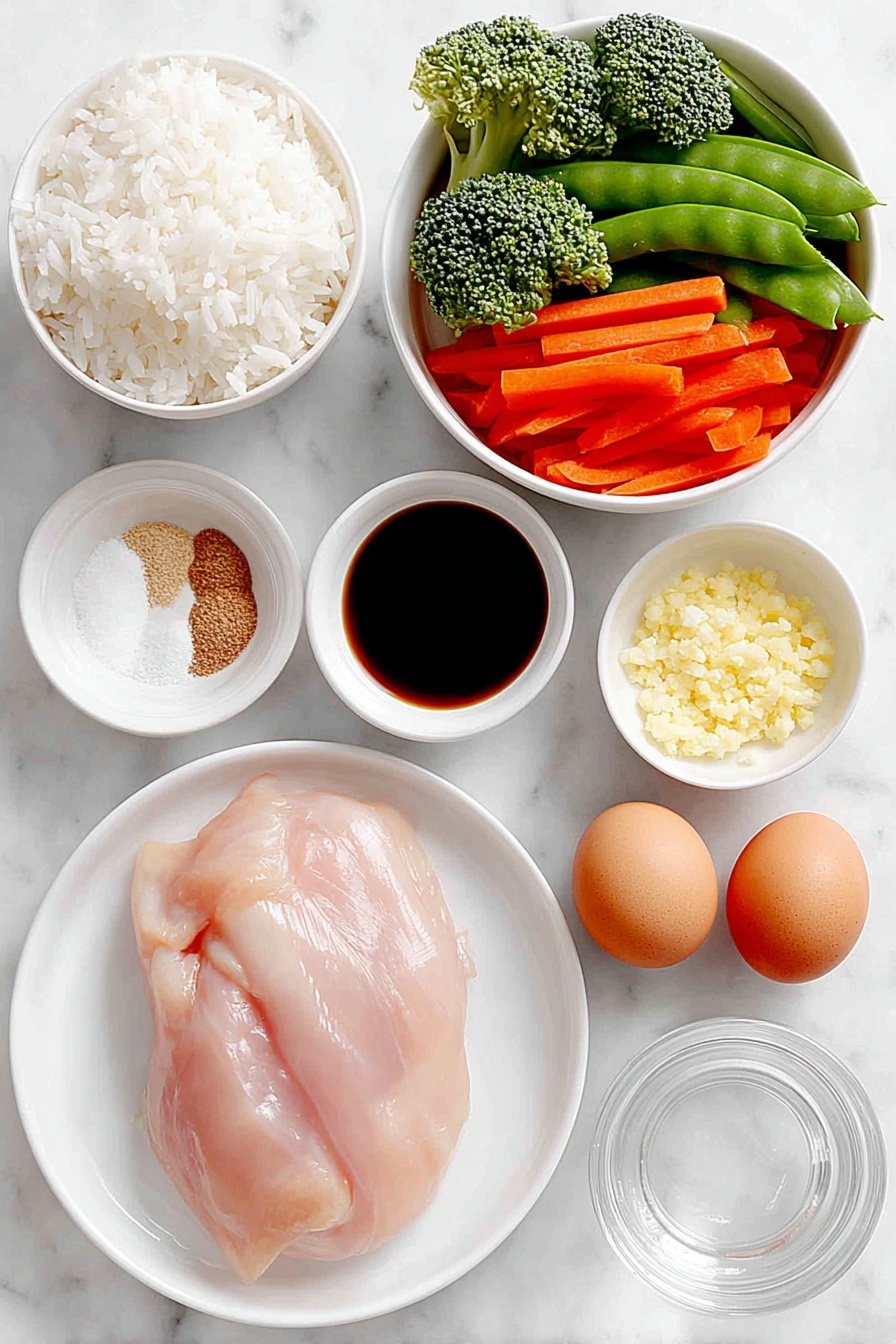 Teriyaki Chicken Casserole, Easy teriyaki chicken bake, one-pan chicken casserole, Japanese-inspired chicken dish, savory baked chicken recipe - Flat lay of a plump raw boneless skinless chicken breast, a handful of fresh stir-fry vegetables including bright green broccoli florets, thin orange carrot sticks, and crisp snow peas, a small mound of fluffy cooked white rice on a simple white ceramic plate, a small white bowl of dark soy sauce, a small white bowl of light brown granulated brown sugar, a small white bowl of clear water, a small white bowl containing pale yellow cornstarch powder, a small white bowl holding finely minced fresh garlic, a small white bowl with ground light brown ginger powder, and two whole uncracked brown eggs arranged symmetrically on a clean white marble surface, soft natural light, photo taken with an iPhone, professional food photography style, fresh ingredients, white ceramic bowls, no bottles, no duplicates, no utensils, no packaging --ar 2:3 --v 7 --p m7354615311229779997