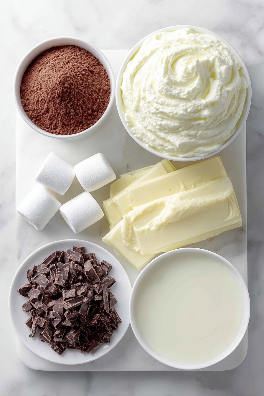 Whipped Hot Chocolate, easy hot chocolate recipes, fluffy hot chocolate drink, cozy winter beverages, quick chocolate dessert - Flat lay of a small white ceramic bowl of fine brown powdered hot chocolate mix, a few plump white marshmallows scattered nearby, a small white ceramic bowl filled with thick heavy whipping cream, a small white ceramic bowl containing smooth chocolate milk, and a small white ceramic plate with a neat pile of dark shaved chocolate curls, all arranged in perfect symmetry, placed on a clean white marble surface, soft natural light, photo taken with an iPhone, professional food photography style, fresh ingredients, white ceramic bowls, no bottles, no duplicates, no utensils, no packaging --ar 2:3 --v 7 --p m7354615311229779997