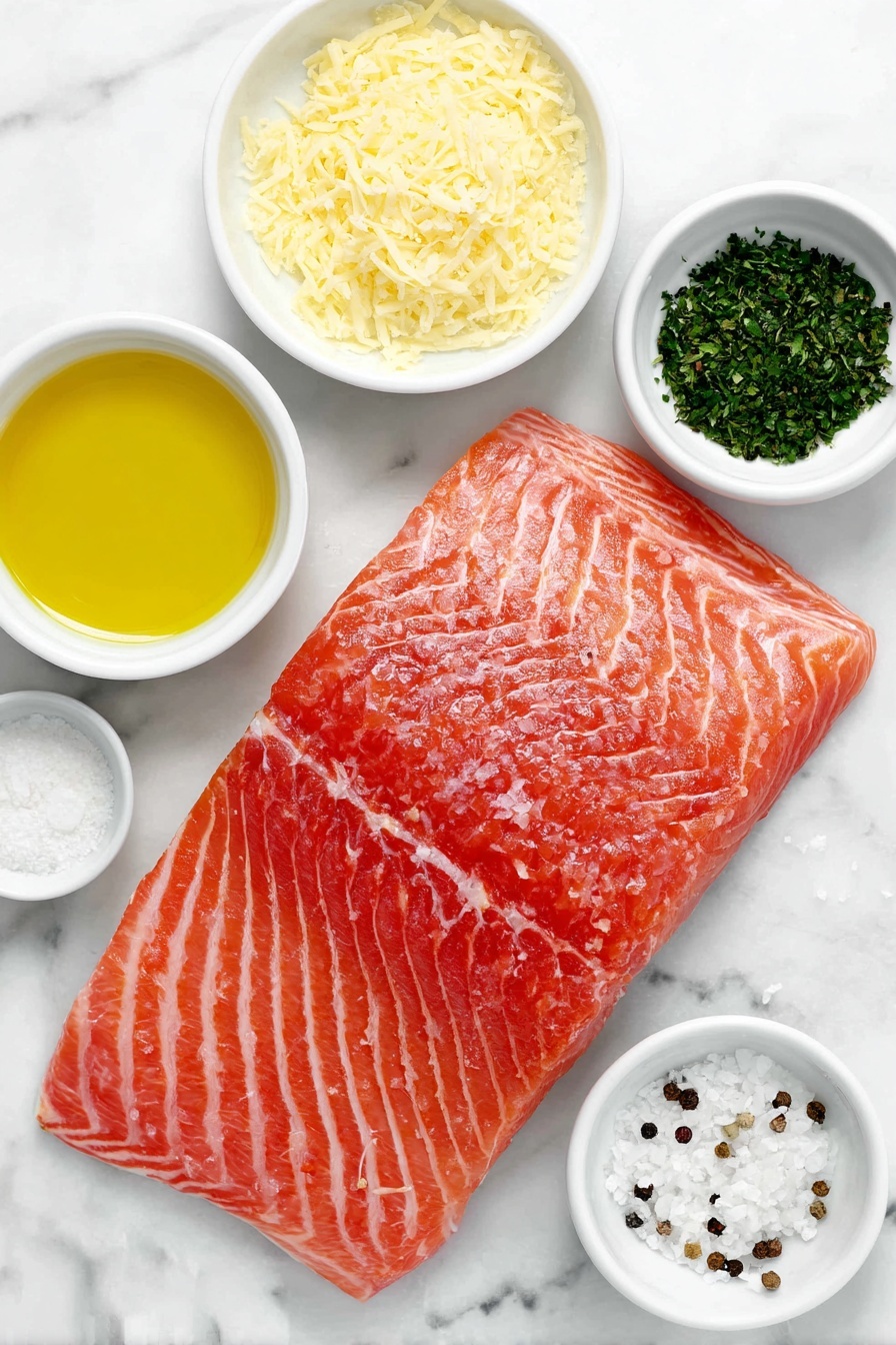 Crispy Parmesan Baked Salmon, baked salmon with Parmesan, easy salmon dinner, healthy baked salmon, crispy salmon recipes - Flat lay of a fresh, whole salmon fillet with vibrant pink flesh, a small white bowl of golden olive oil, another small white bowl filled with finely grated pale Parmesan cheese, a small white bowl holding bright yellow lemon juice, a small white bowl with dried green parsley flakes, a small white bowl containing off-white garlic powder, a small white bowl of coarse white salt crystals, and a small white bowl of cracked black peppercorns, all arranged symmetrically for perfect balance, placed on a clean white marble surface, soft natural light, photo taken with an iPhone, professional food photography style, fresh ingredients, white ceramic bowls, no bottles, no duplicates, no utensils, no packaging --ar 2:3 --v 7 --p m7354615311229779997