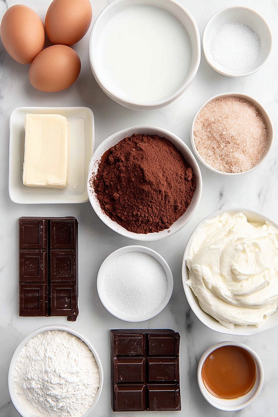 Decadent Salted Caramel Chocolate Fudge Cake, salted caramel chocolate cake, chocolate fudge cake with salted caramel, indulgent chocolate cake recipe, salted caramel dessert recipes - Flat lay of a small mound of smooth room temperature butter, a few whole uncracked brown eggs with clean shells, a small heap of fine caster sugar crystals, a small pile of glossy brown sugar, a scattering of light brown plain cake flour, a small mound of Dutch processed cocoa powder, a small white ceramic bowl filled with hot water, another white bowl with fresh milk, a tiny white bowl containing a few salt flakes, a small white bowl with thick heavy cream, a few square pieces of rich dark chocolate, a small white bowl of sifted icing sugar, and a small white bowl of golden salted caramel sauce, all arranged in perfect symmetry on a clean white marble surface, soft natural light, photo taken with an iPhone, professional food photography style, fresh ingredients, white ceramic bowls, no bottles, no duplicates, no utensils, no packaging --ar 2:3 --v 7 --p m7354615311229779997