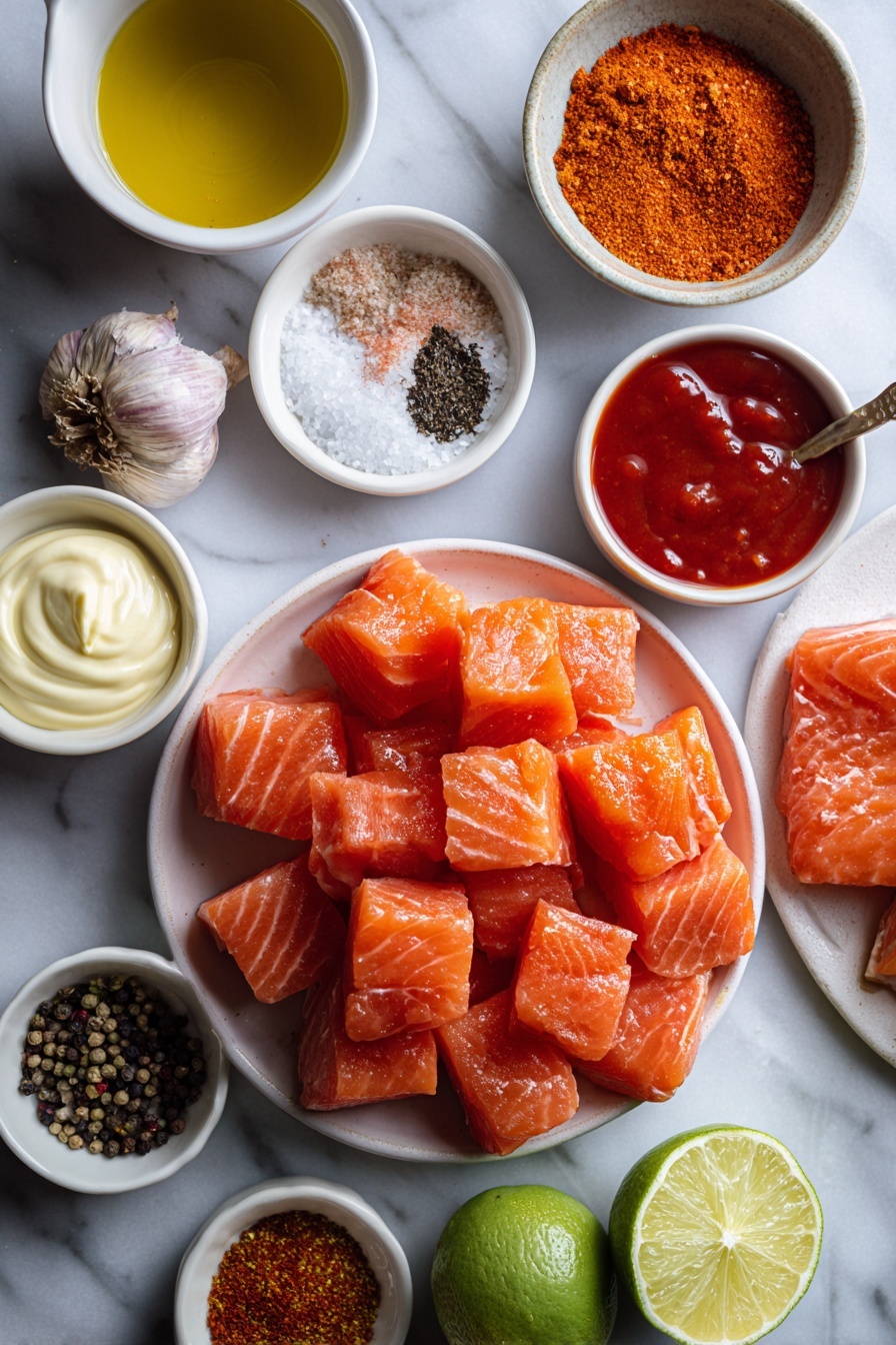 Bang Bang Salmon Bites Spicy Sauce, salmon appetizer recipes, spicy seafood snacks, quick salmon recipes, easy fish bites - Flat lay of fresh salmon fillets cut into bite-sized pieces arranged neatly, a small white ceramic bowl with golden olive oil, a small mound of garlic powder, a small mound of onion powder, a small heap of vibrant smoked paprika, a small heap of salt crystals, a small heap of black peppercorns, a tiny heap of cayenne pepper, a small white bowl filled with creamy mayonnaise, another small white bowl containing bright red Thai sweet chili sauce, a small white bowl with glossy sriracha sauce, a small white bowl of golden honey, and a halved fresh lime showing juicy pulp, all placed on a clean white marble surface, soft natural light, photo taken with an iPhone, professional food photography style, fresh ingredients, white ceramic bowls, no bottles, no duplicates, no utensils, no packaging --ar 2:3 --v 7 --p m7354615311229779997