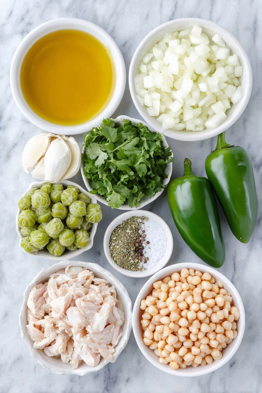 Easy Chicken Pozole Verde Soup, Chicken Pozole Verde, Mexican green pozole, homemade pozole verde, comforting chicken soup - Flat lay of a small pool of golden olive oil in a simple white ceramic bowl, one large peeled and chopped white onion, one fresh green jalapeño pepper, two dark green poblano peppers, six cloves of garlic, peeled and whole, a small pile of bright green quartered tomatillos with papery husks removed, a small handful of fresh cilantro sprigs with leaves and tender stems, two teaspoons of dried oregano in a white ceramic bowl, two teaspoons of ground cumin in a white ceramic bowl, one teaspoon of ground coriander in a white ceramic bowl, one single fresh bay leaf, a small white bowl filled with coarse salt crystals, two skinless, boneless raw chicken thighs, one small white ceramic bowl of drained and rinsed hominy kernels, and a few whole black peppercorns scattered tastefully, all arranged symmetrically in balanced proportions on a clean white marble surface, soft natural light, photo taken with an iPhone, professional food photography style, fresh ingredients, white ceramic bowls, no bottles, no duplicates, no utensils, no packaging --ar 2:3 --v 7 --p m7354615311229779997