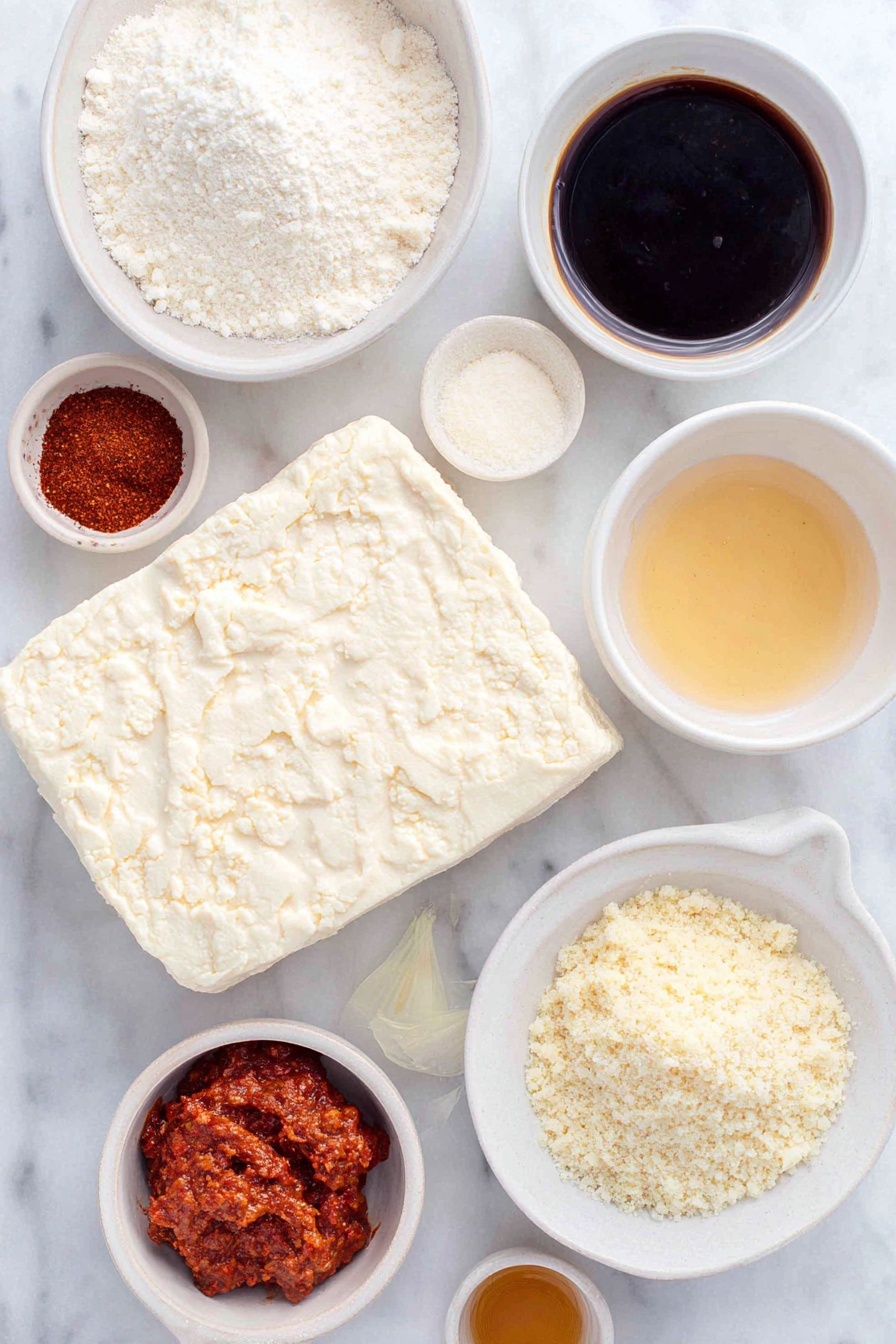 Crispy Gochujang Korean Tofu, Korean tofu recipe, spicy crispy tofu, gochujang tofu, healthy tofu dinner - Flat lay of a fresh block of extra firm tofu, a small white bowl of dark tamari soy sauce, a small white bowl of pale cornstarch powder, a small white bowl filled with light golden gluten free breadcrumbs, a small white bowl of vibrant red gochujang chili paste, a small white bowl of deep red tomato paste, a small white bowl of clear vegetable broth, a small white bowl of golden honey, a small white bowl of toasted sesame oil, a small white bowl of translucent rice vinegar, a small white bowl of minced fresh garlic, a small white bowl of grated fresh ginger, a small white bowl with a white mixture of cornstarch and water, placed on a clean white marble surface, soft natural light, photo taken with an iPhone, professional food photography style, fresh ingredients, white ceramic bowls, no bottles, no duplicates, no utensils, no packaging --ar 2:3 --v 7 --p m7354615311229779997