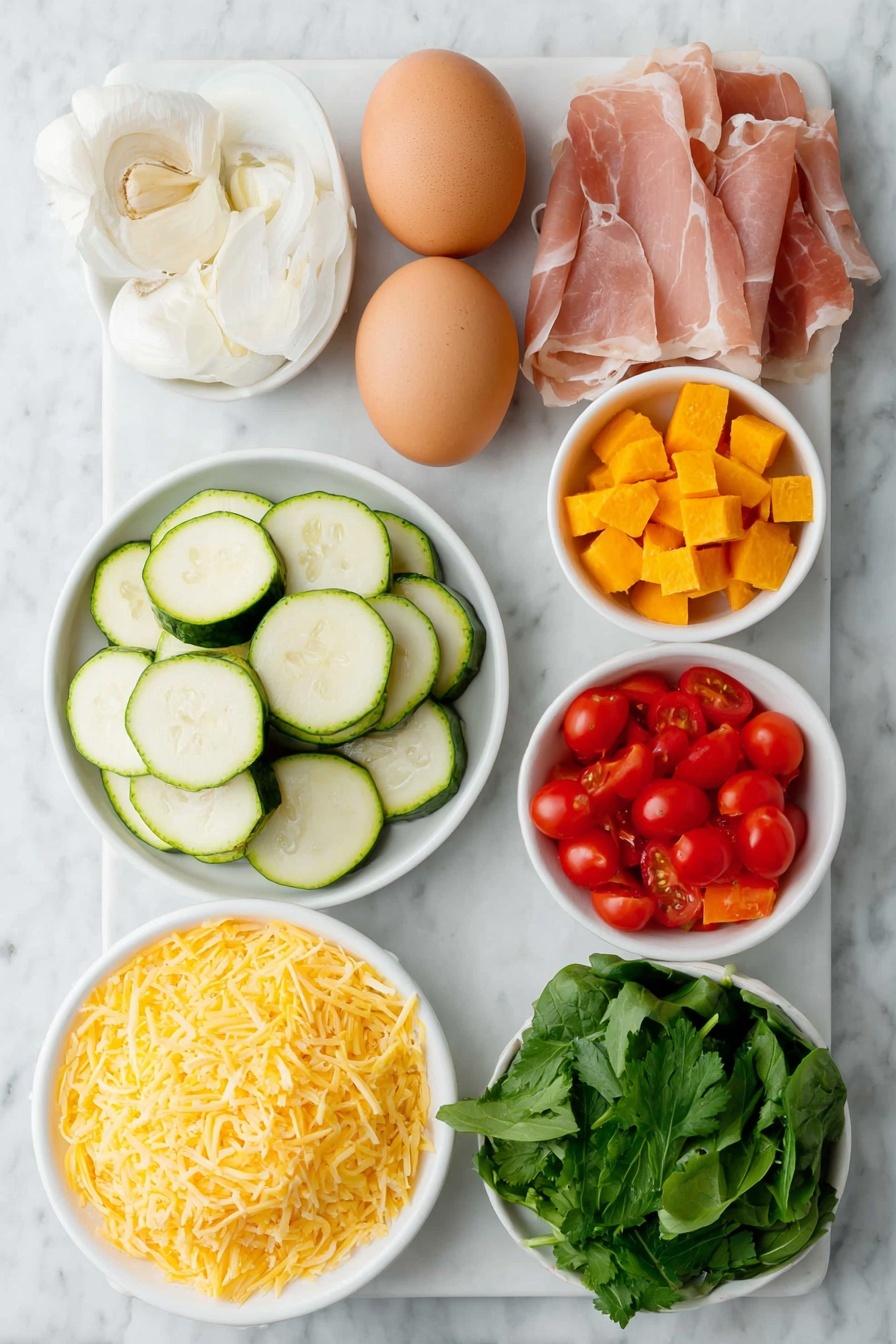 Vegetable Frittata with Cheese and Herbs, healthy vegetable frittata, easy brunch ideas, cheesy egg bake, quick vegetarian breakfast - Flat lay of two whole brown eggs with smooth shells, a small white ceramic bowl of fresh whole milk, a few sprigs of bright green fresh parsley, a small white bowl filled with shredded sharp orange cheddar cheese, one peeled garlic bulb with two cloves separated, half of a small red onion with neatly sliced rings visible, a small pile of chopped sweet potato cubes with vibrant orange color, evenly sliced light green zucchini rounds, several chopped pieces of glossy red bell pepper, a handful of roughly chopped fresh dark green spinach leaves, a small white bowl with halved ripe cherry tomatoes showing a bright red interior, a few pale quartered artichoke hearts, and four thin slices of rosy pink prosciutto all arranged symmetrically on simple white ceramic dishes and bowls, placed on a clean white marble surface, soft natural light, photo taken with an iPhone, professional food photography style, fresh ingredients, white ceramic bowls, no bottles, no duplicates, no utensils, no packaging --ar 2:3 --v 7 --p m7354615311229779997