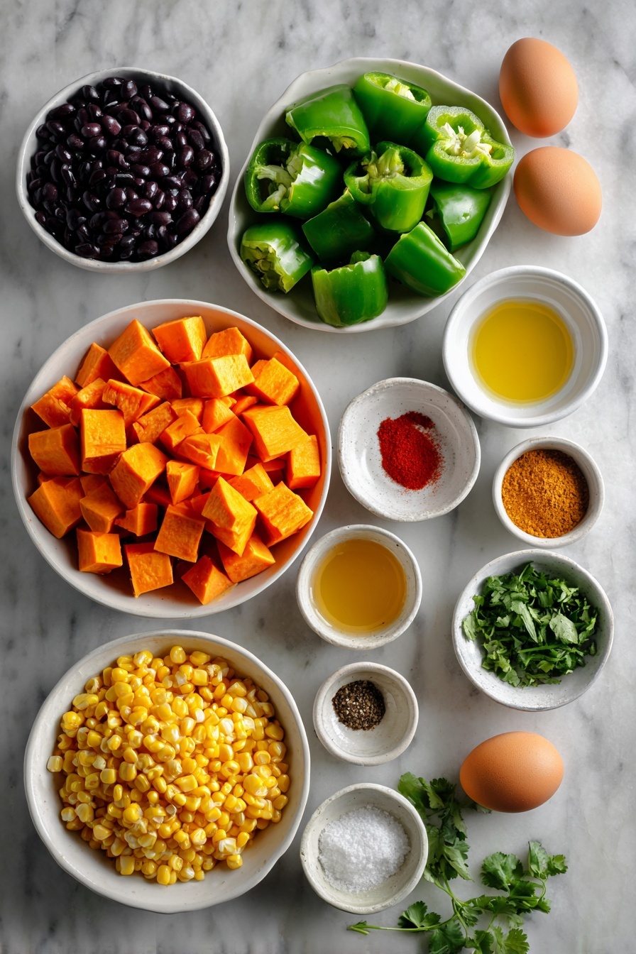 Black Bean Sweet Potato Tacos, healthy vegan tacos, easy vegetarian taco recipe, flavorful sweet potato tacos, quick taco dinner ideas - Flat lay of fresh cubed sweet potatoes, two medium green bell peppers cut into chunks, one medium red bell pepper cut into chunks, a small white ceramic bowl of rinsed black beans, a small white ceramic bowl of thawed yellow corn kernels, a small white ceramic bowl with a golden honey drizzle, a small white ceramic bowl of fresh chopped cilantro, a small white ceramic bowl of bright lime juice, a small white ceramic bowl of ground cumin, a small white ceramic bowl of paprika, a small white ceramic bowl of garlic powder, a small white ceramic bowl of onion powder, a small white ceramic bowl of ground coriander, a small white ceramic bowl of sea salt, a small white ceramic bowl of black pepper, two tablespoons of golden olive oil in a small white ceramic bowl, and two uncracked brown eggs arranged symmetrically, placed on a clean white marble surface, soft natural light, photo taken with an iPhone, professional food photography style, fresh ingredients, white ceramic bowls, no bottles, no duplicates, no utensils, no packaging --ar 2:3 --v 7 --p m7354615311229779997